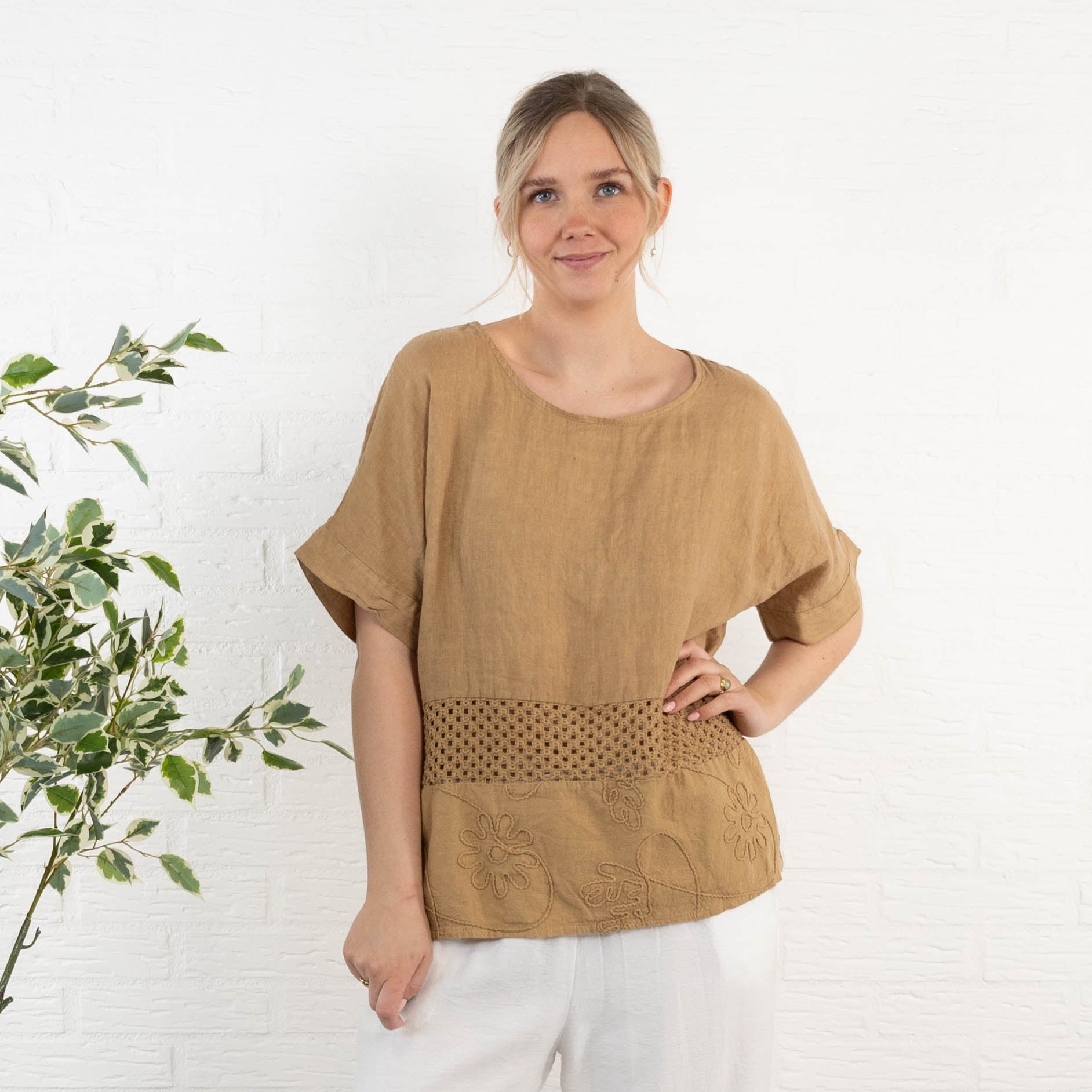 Lina ægte hør overdel, Camel