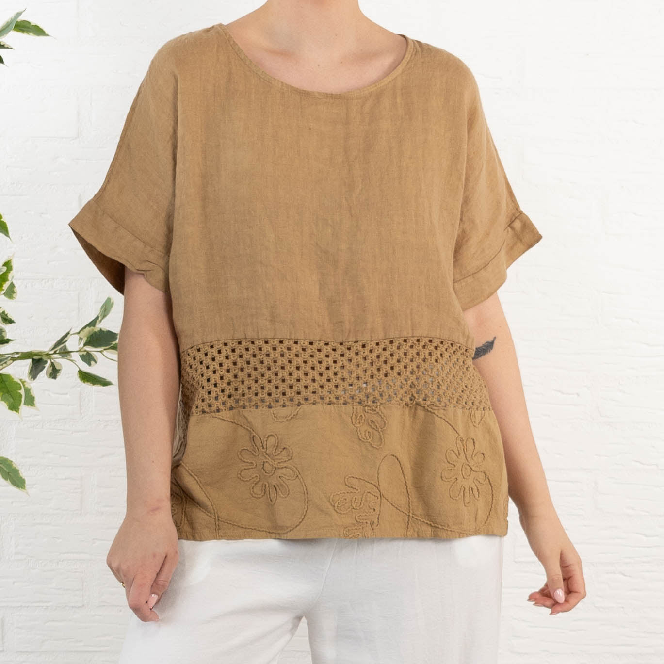 Lina ægte hør overdel, Camel