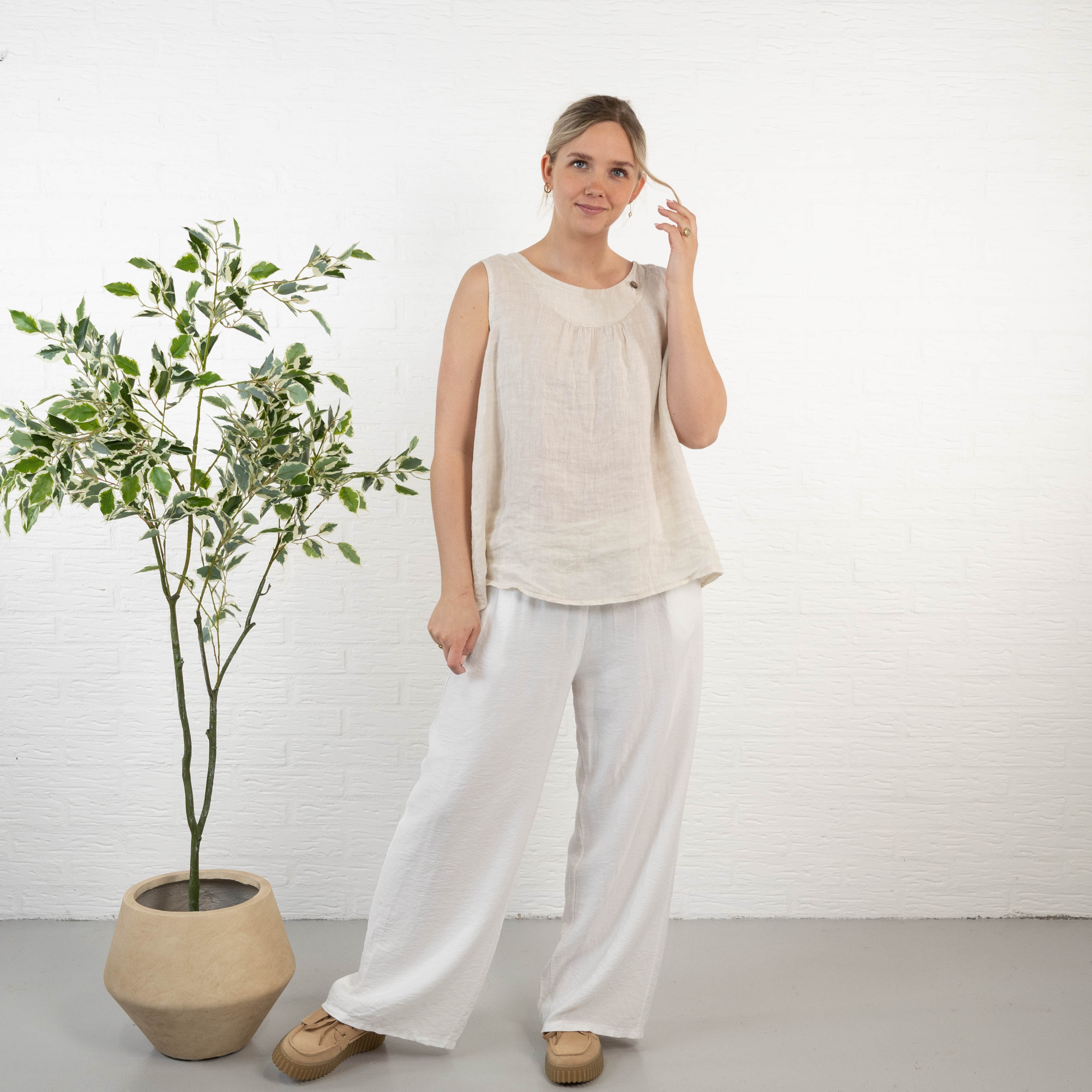 Lara ægte hør top, Beige