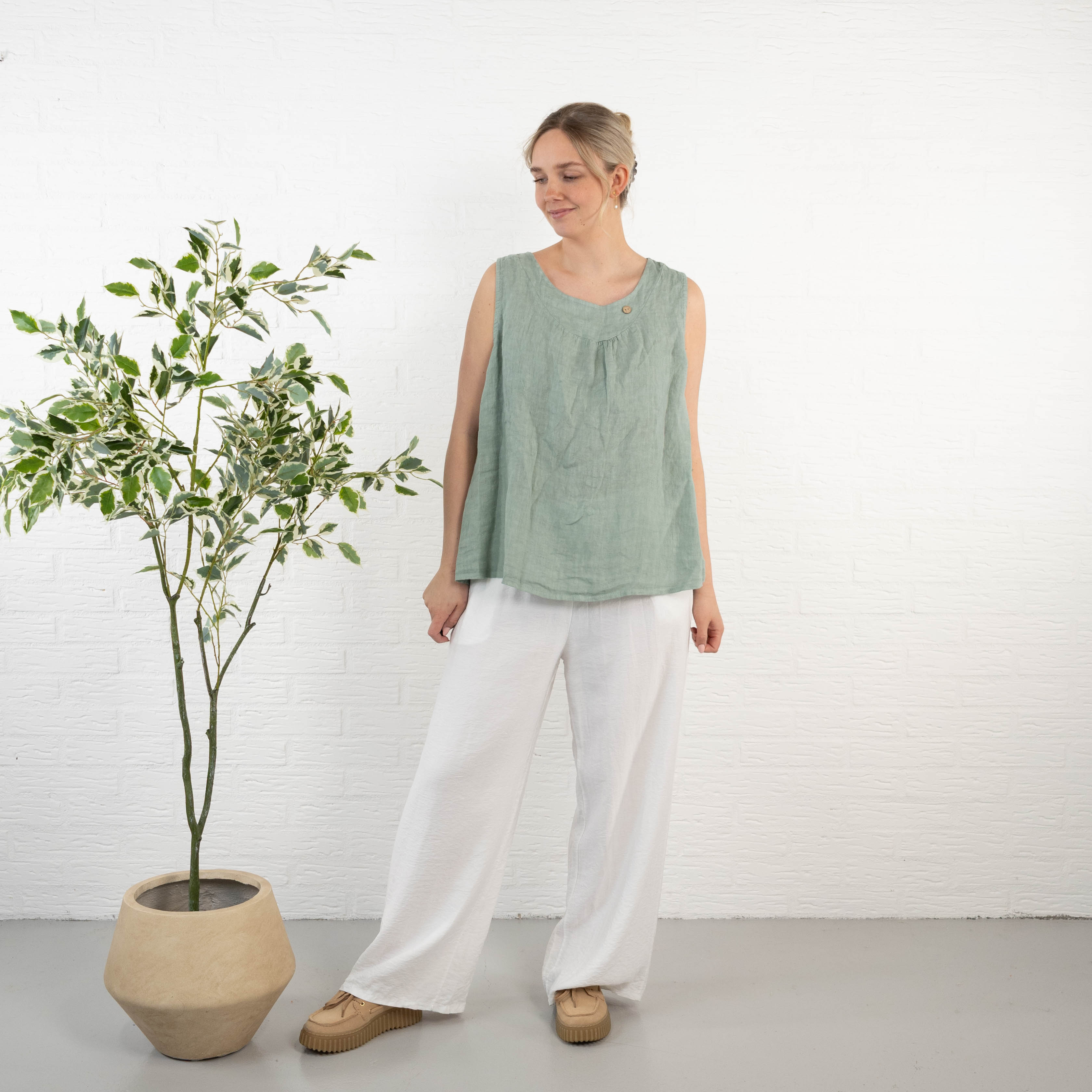 Lara ægte hør top, Khaki