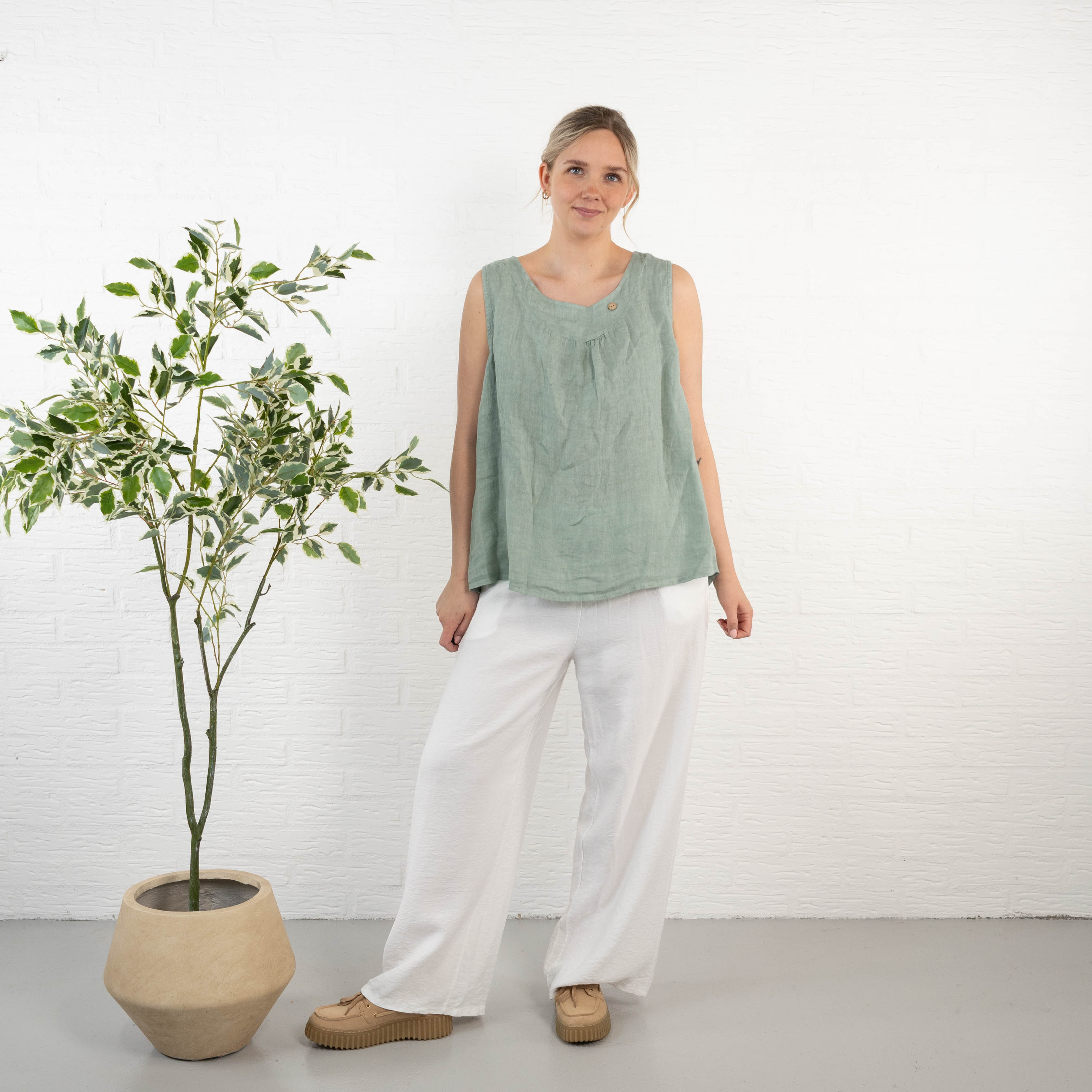 Lara ægte hør top, Khaki