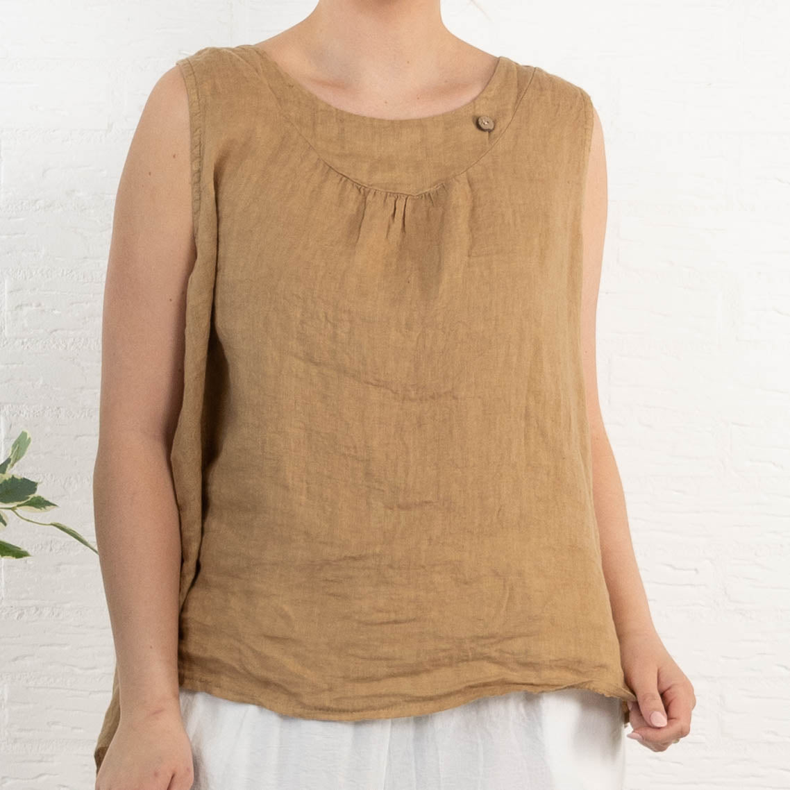 Lara ægte hør top, Camel