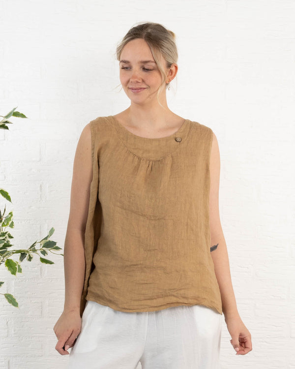 Lara ægte hør top, Camel