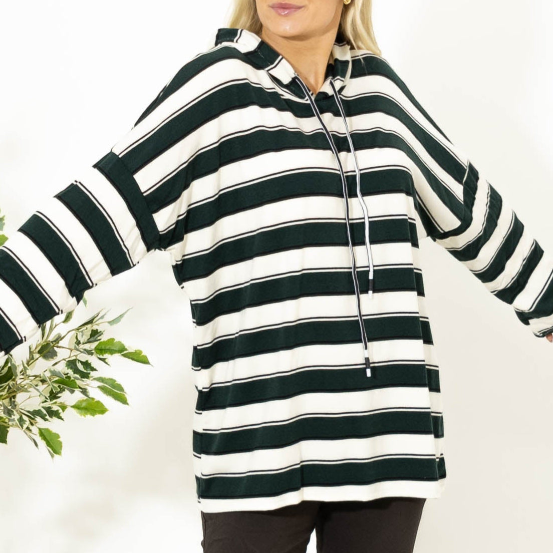 Silke stribet strik m. hoodie, Flaskegrøn