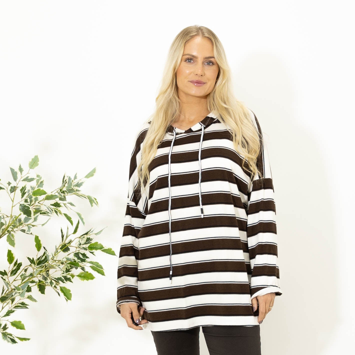 Silke stribet strik m. hoodie, Choko