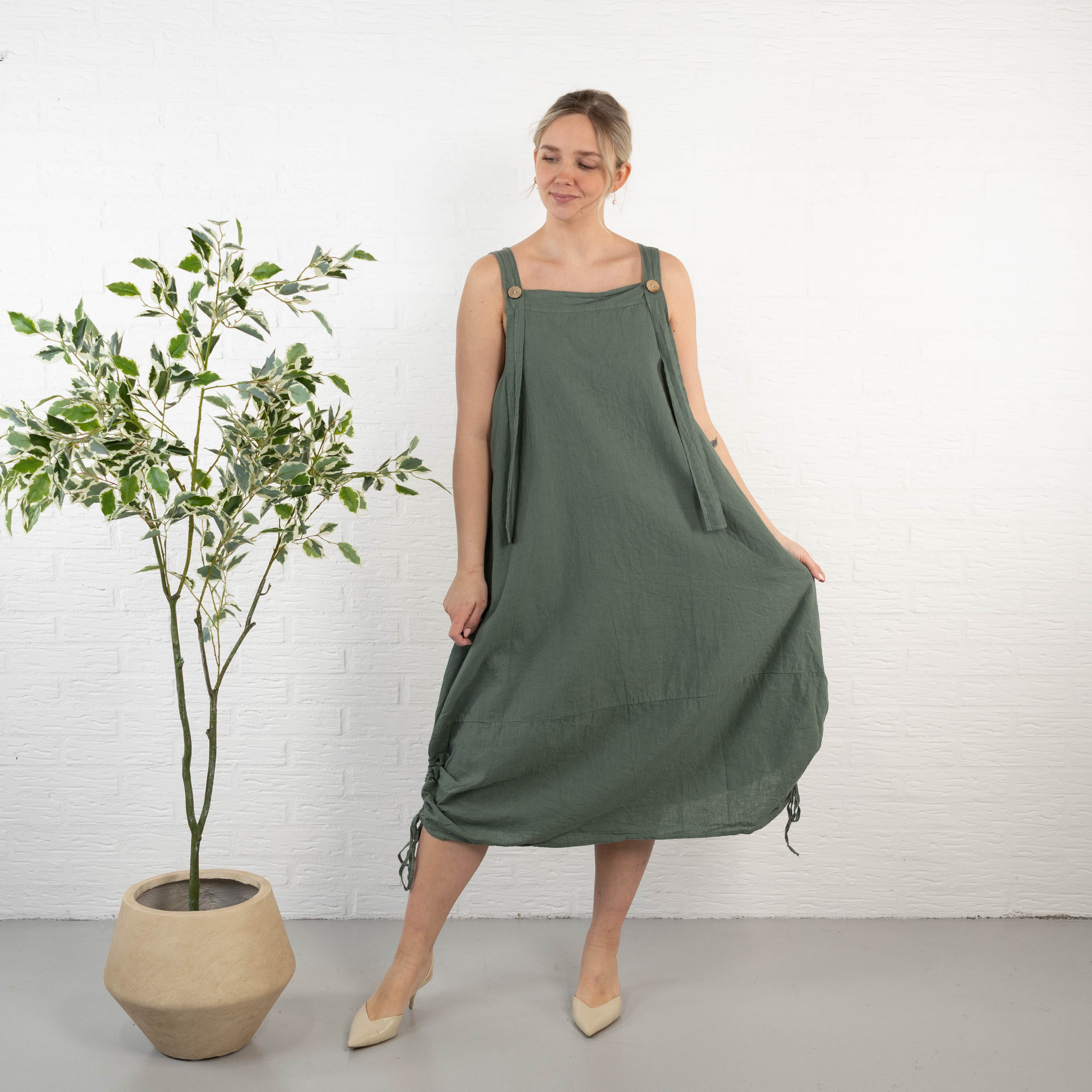 Dungaree ægte hør kjole, Khaki