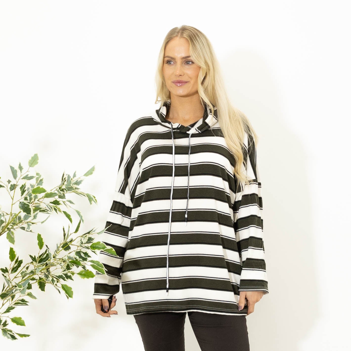 Silke stribet strik m. hoodie, Khaki