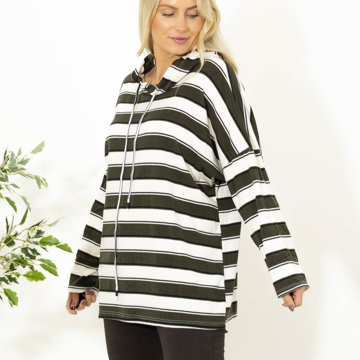 Silke stribet strik m. hoodie, Khaki