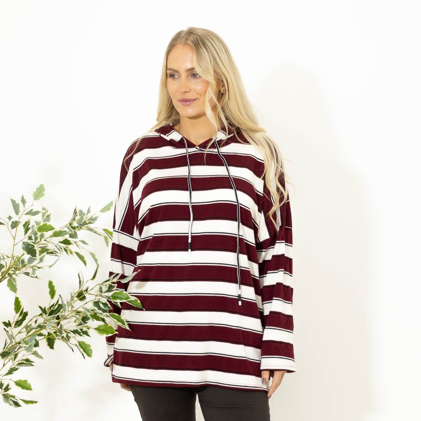 Silke stribet strik m. hoodie, bordeaux