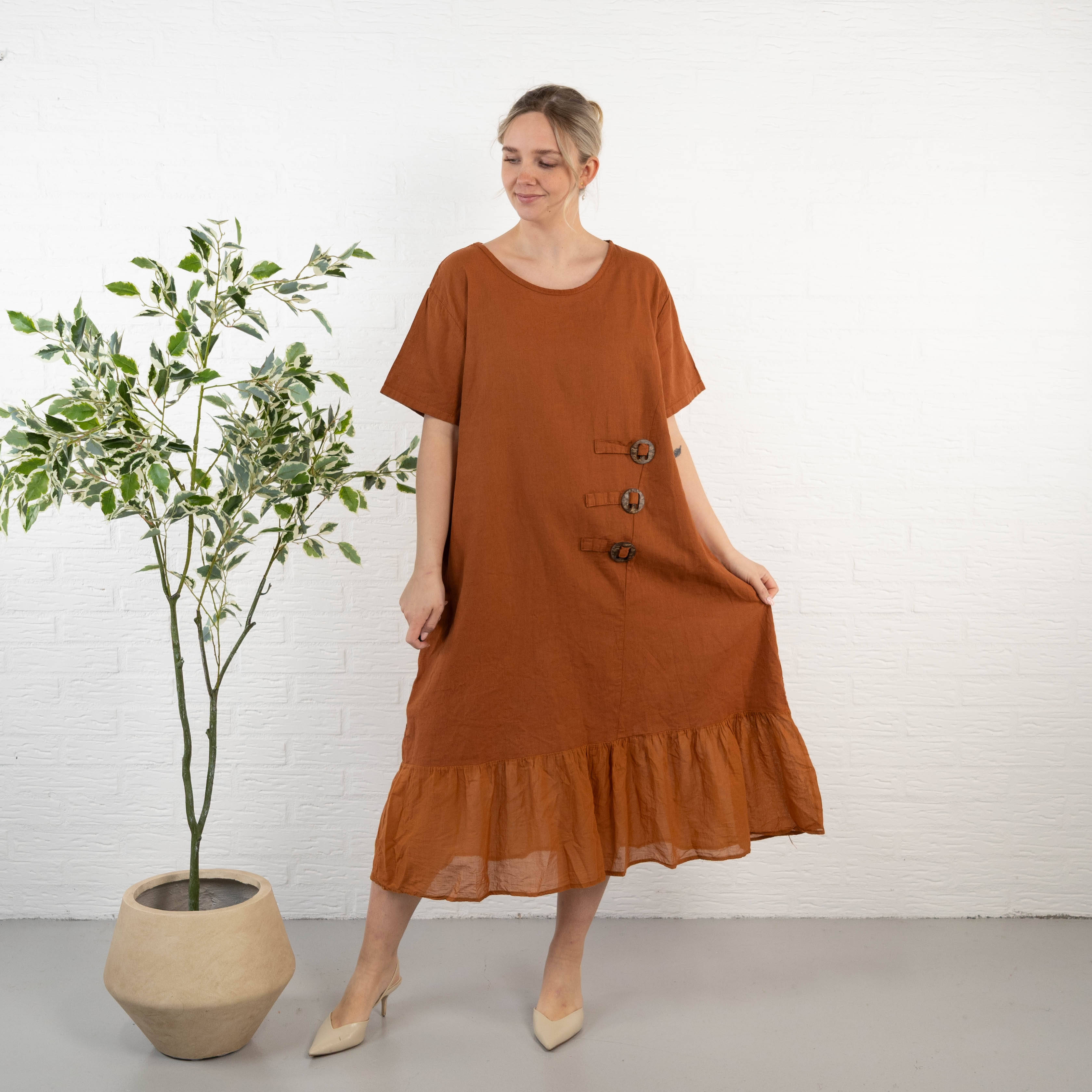 Shaki ægte hør kjole, Rust