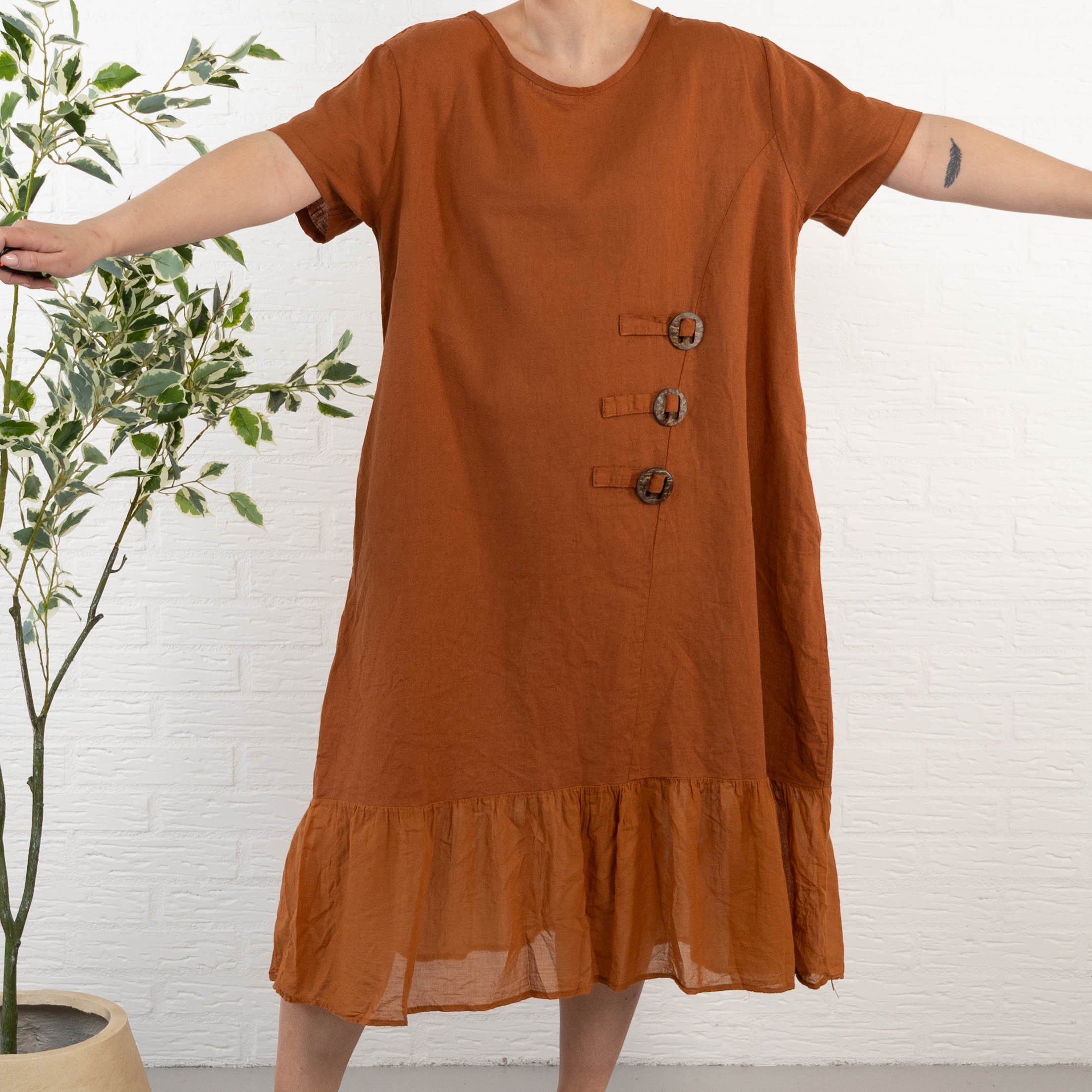 Shaki ægte hør kjole, Rust