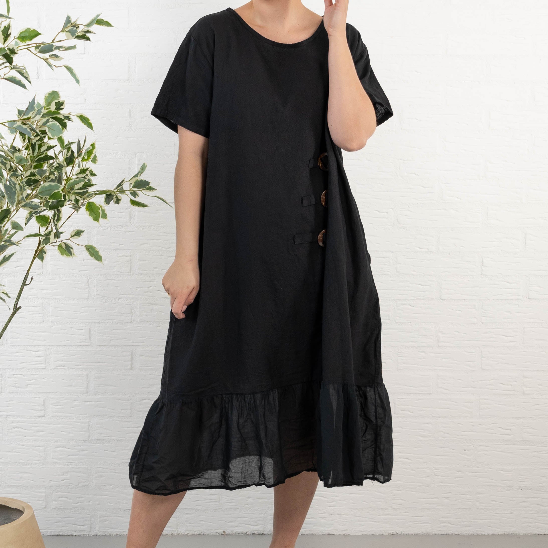 Shaki ægte hør kjole, Sort