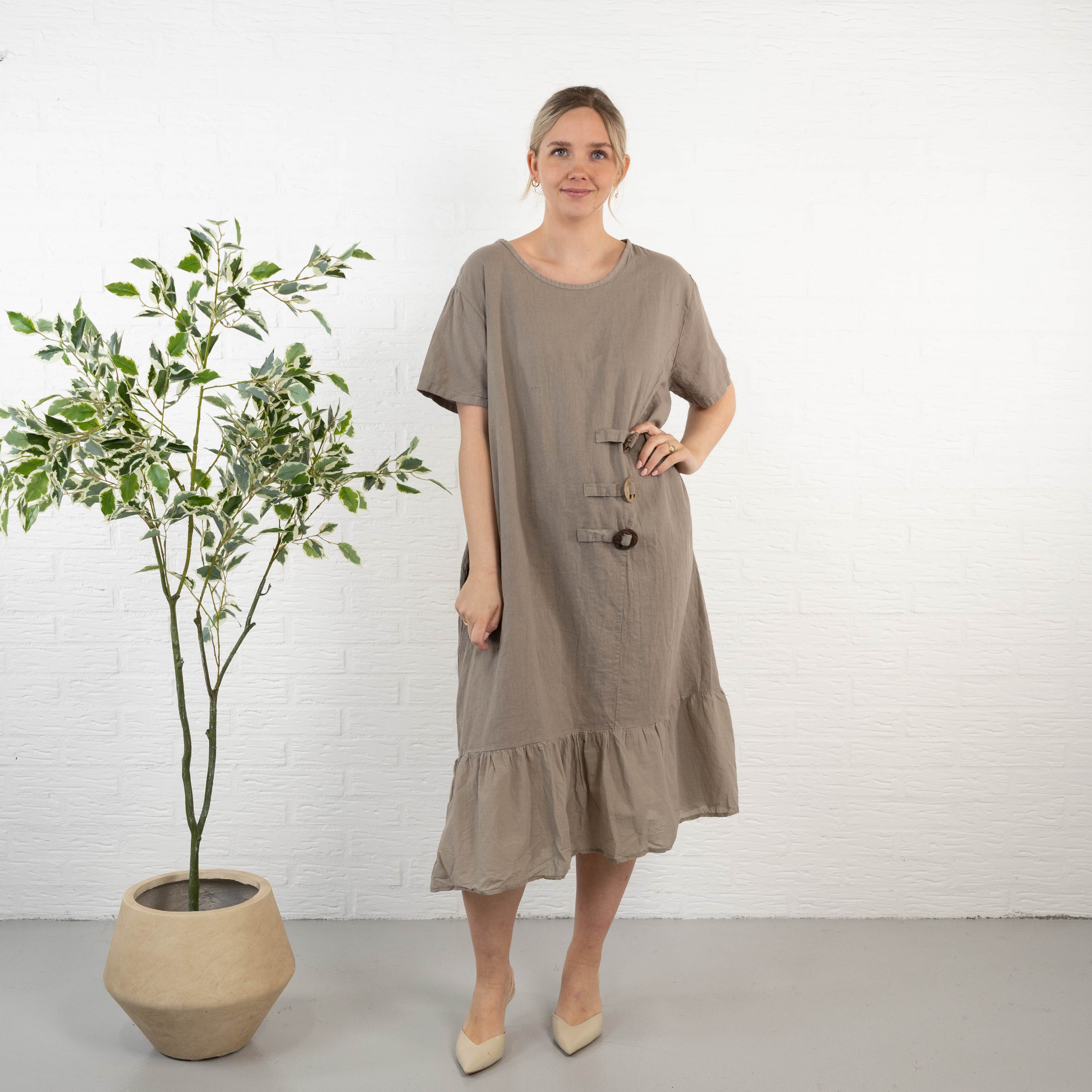 Shaki ægte hør kjole, Taupe