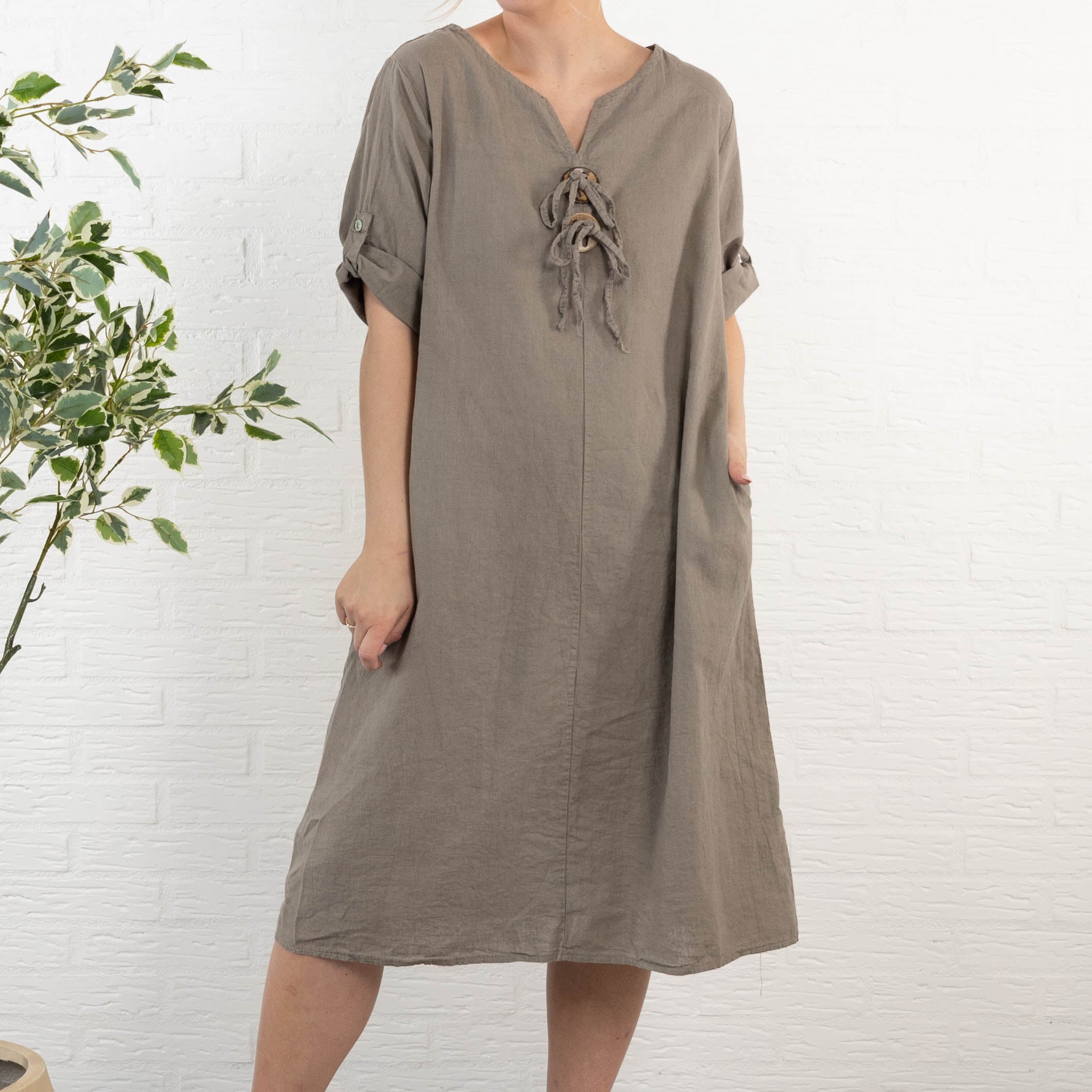 Clarise ægte hør kjole, Taupe