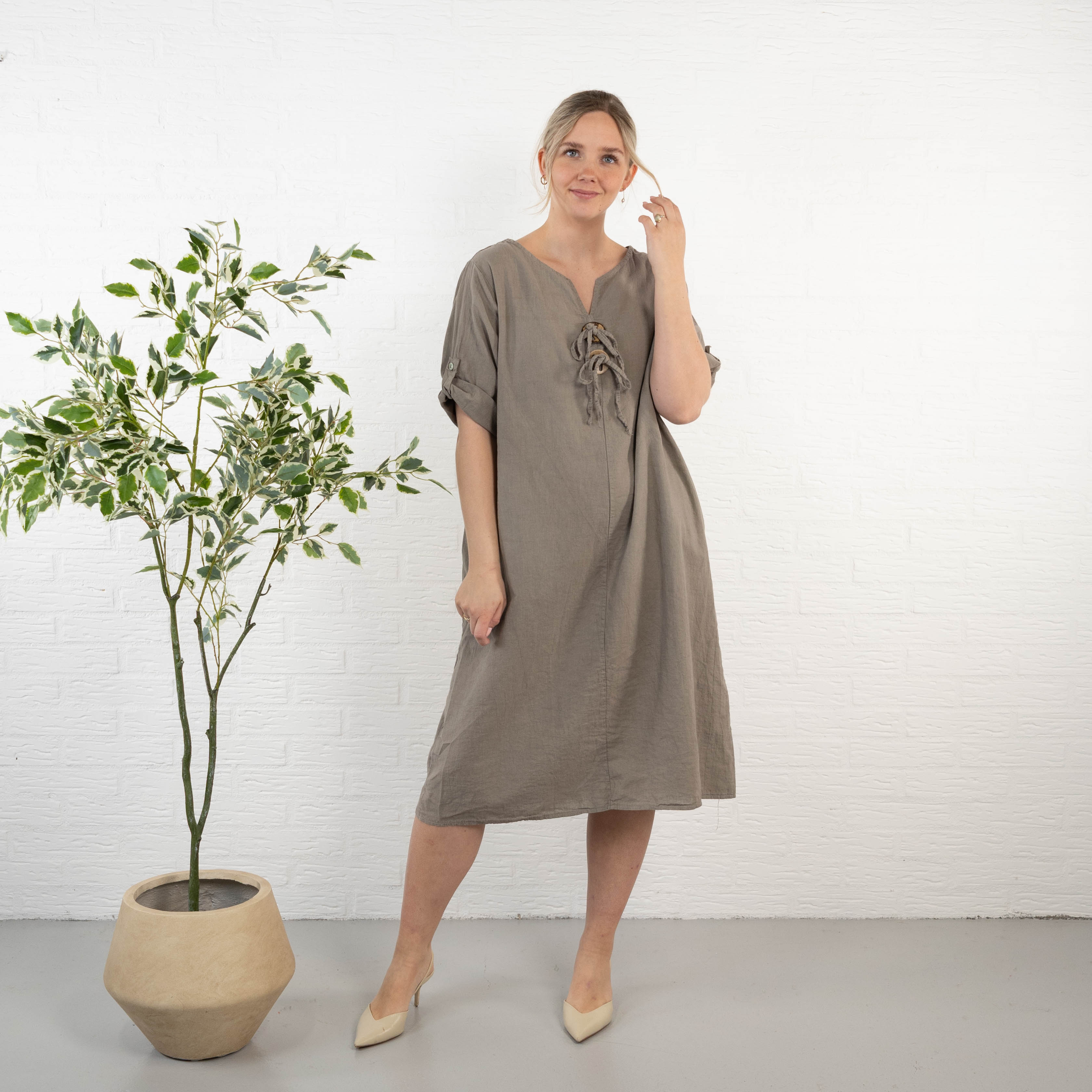 Clarise ægte hør kjole, Taupe