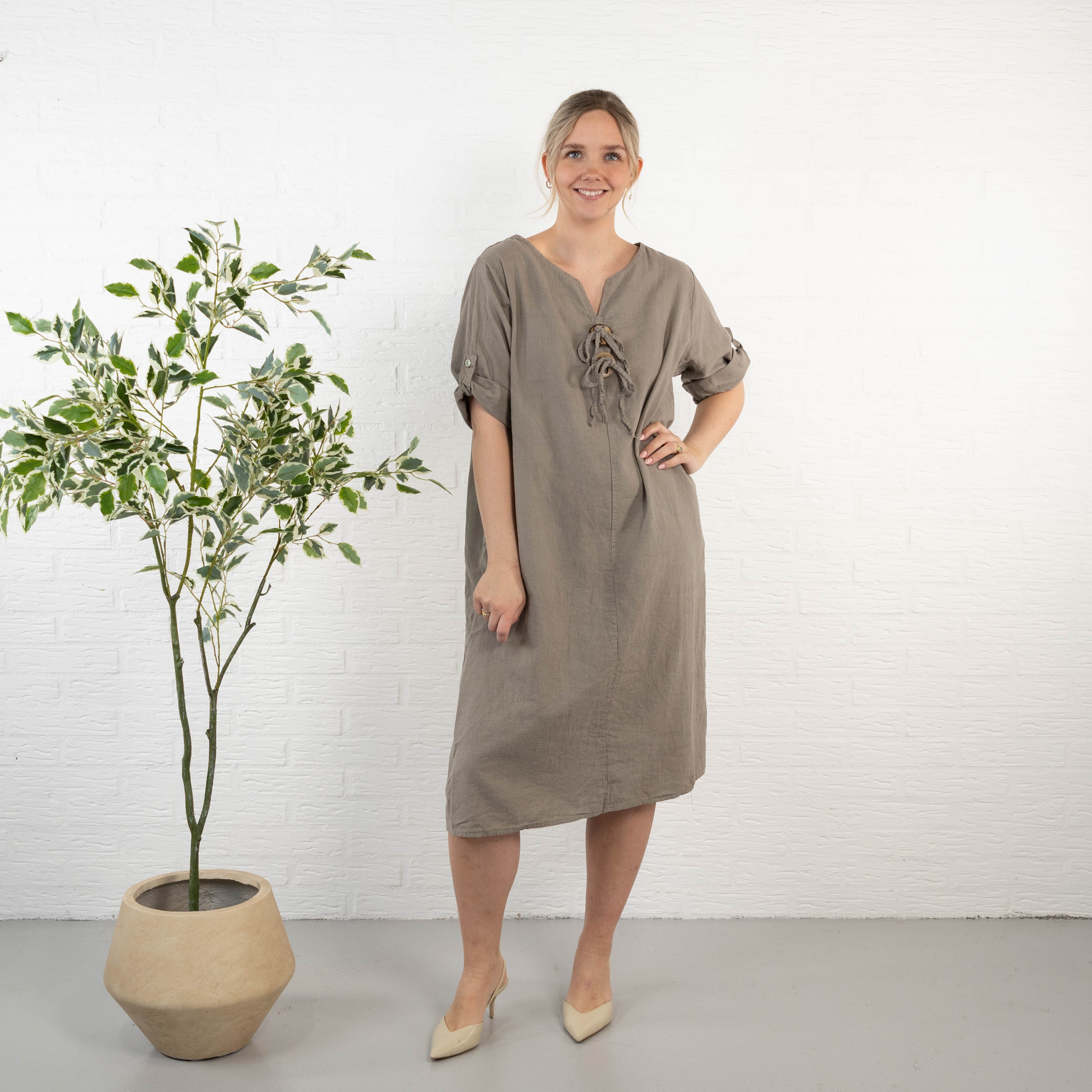 Clarise ægte hør kjole, Taupe