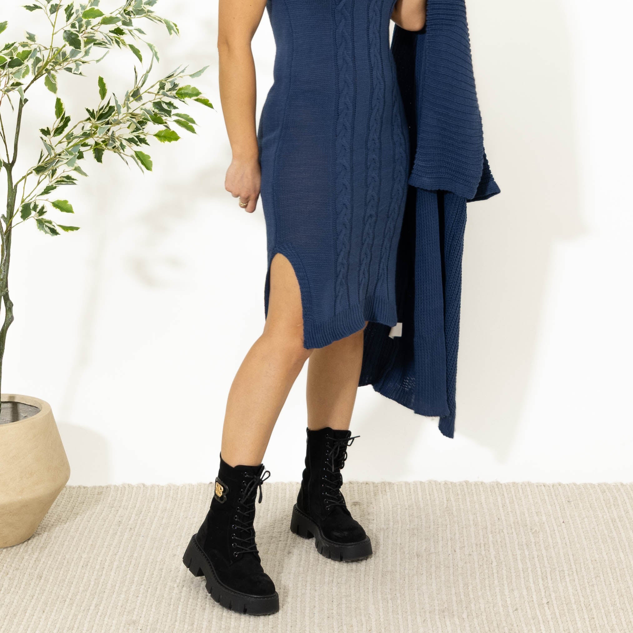 Enja strik sæt. kjole+cardigan, Dueblå