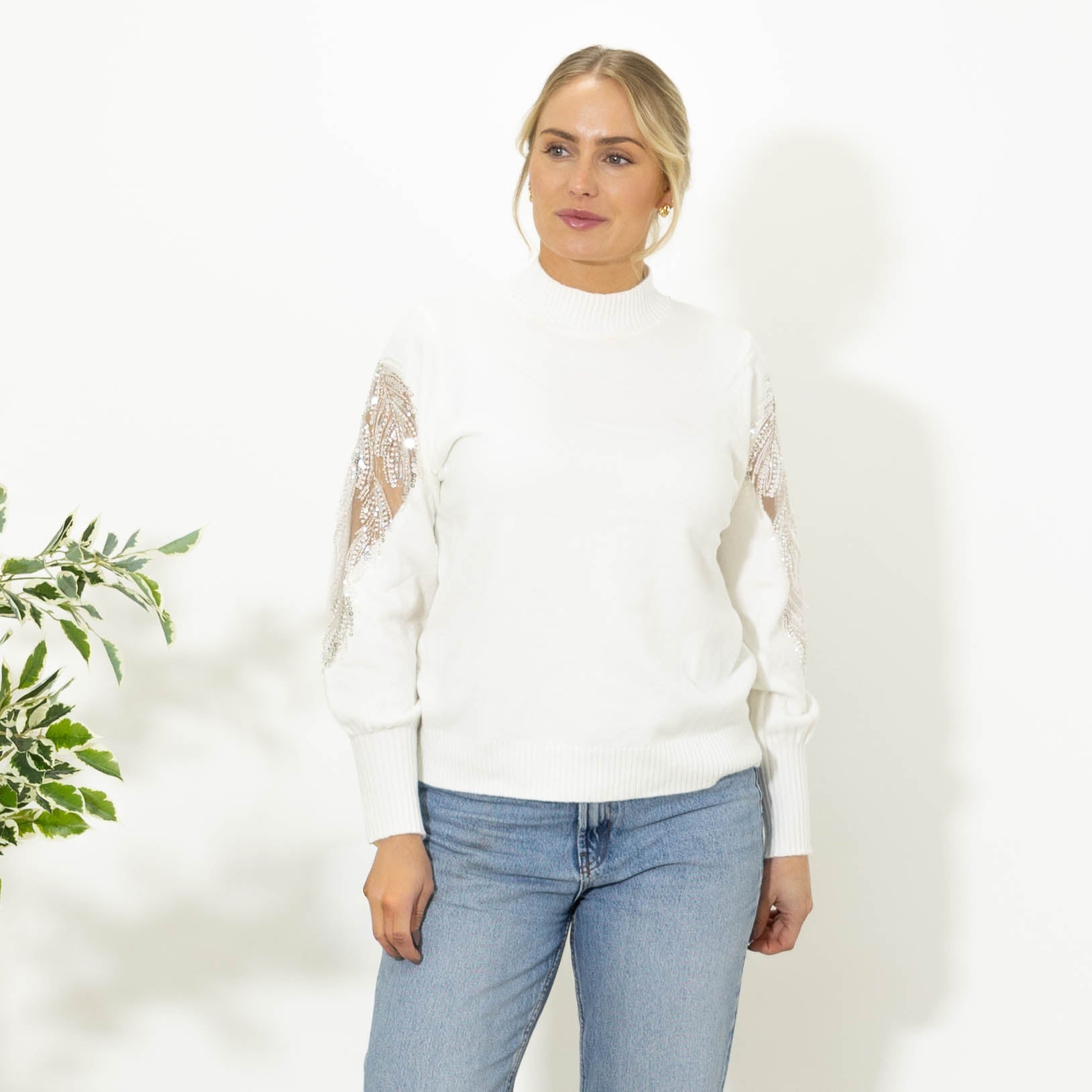 Dolly strik m. pailletter, Hvid