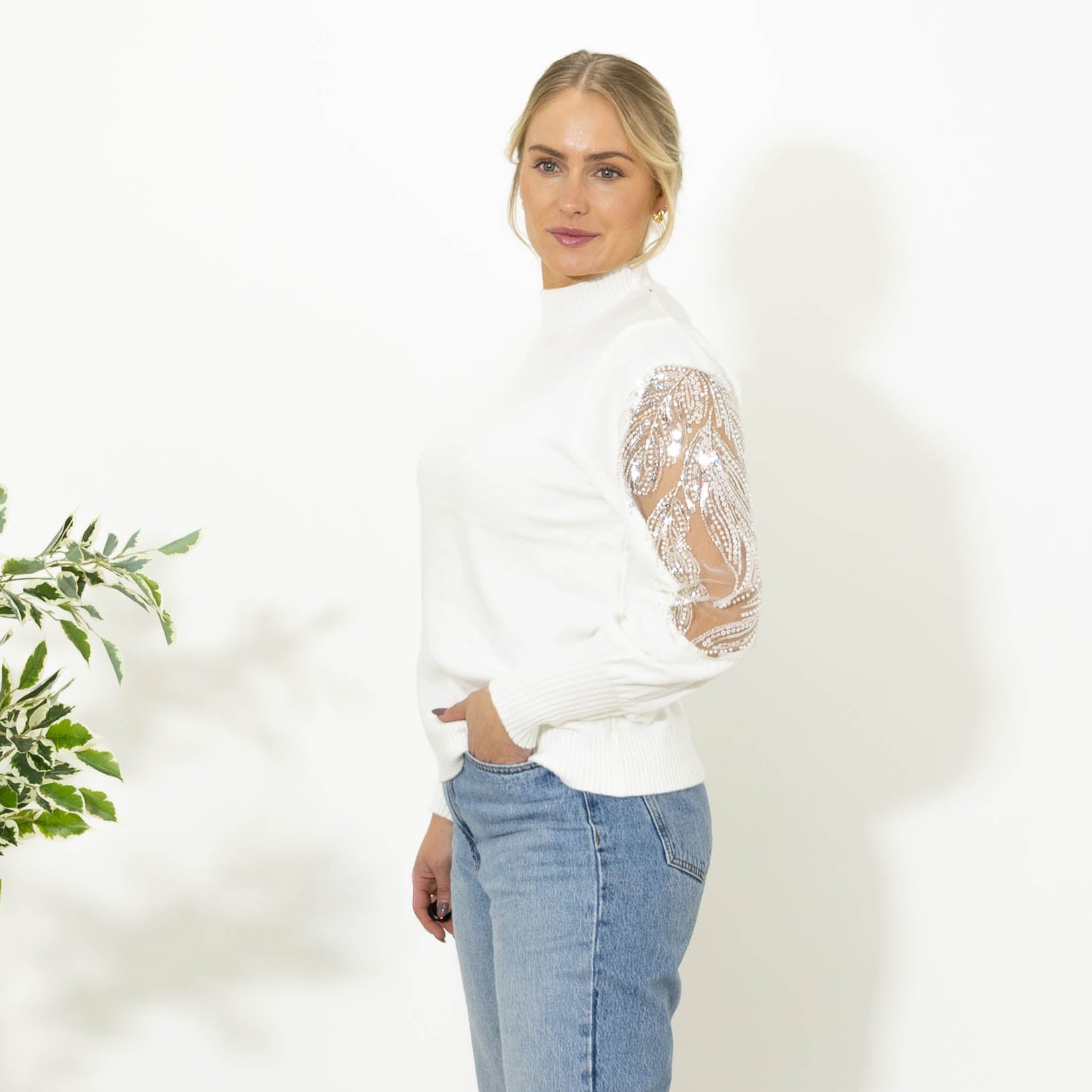 Dolly strik m. pailletter, Hvid