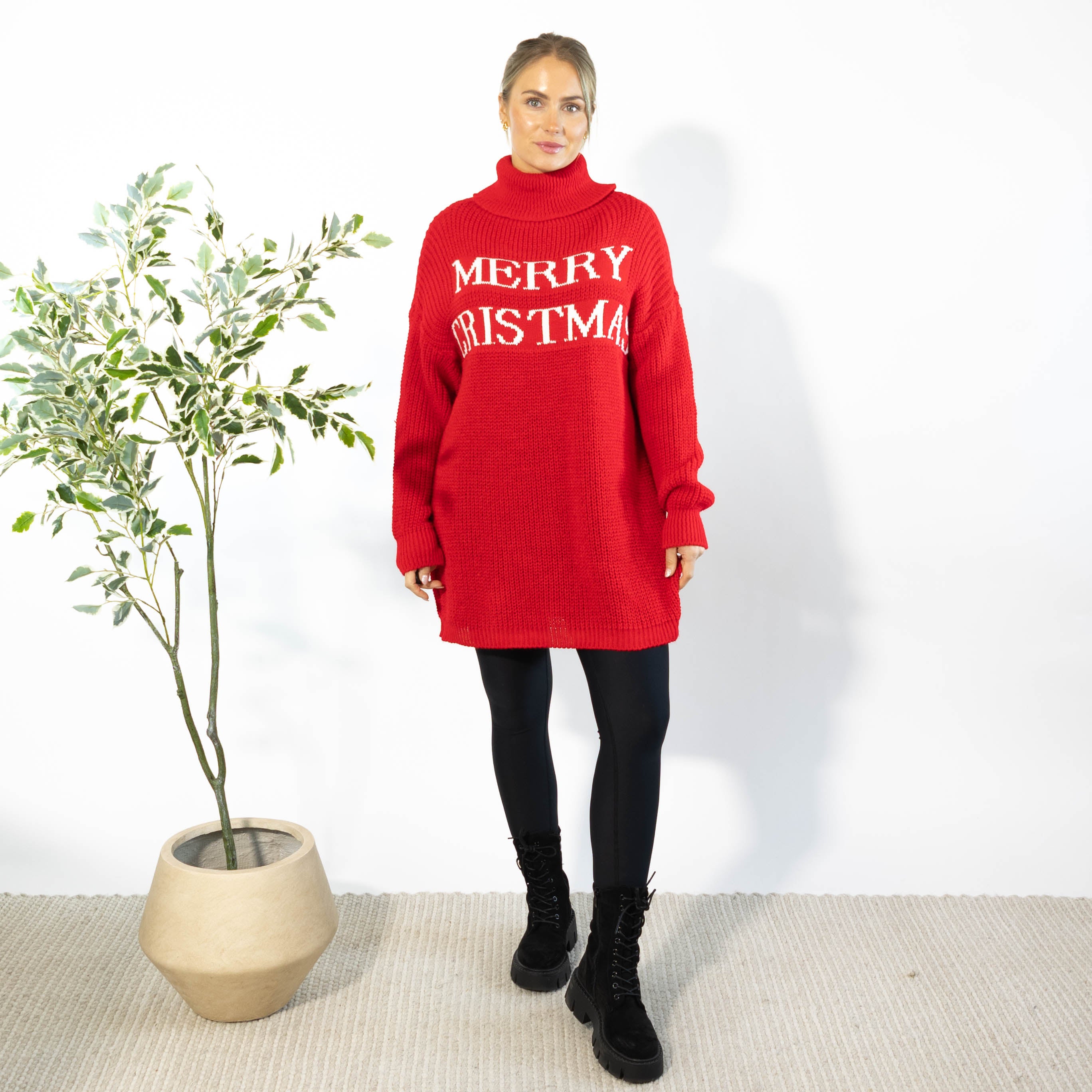 Iben striktunika m. rullekrave, Rød