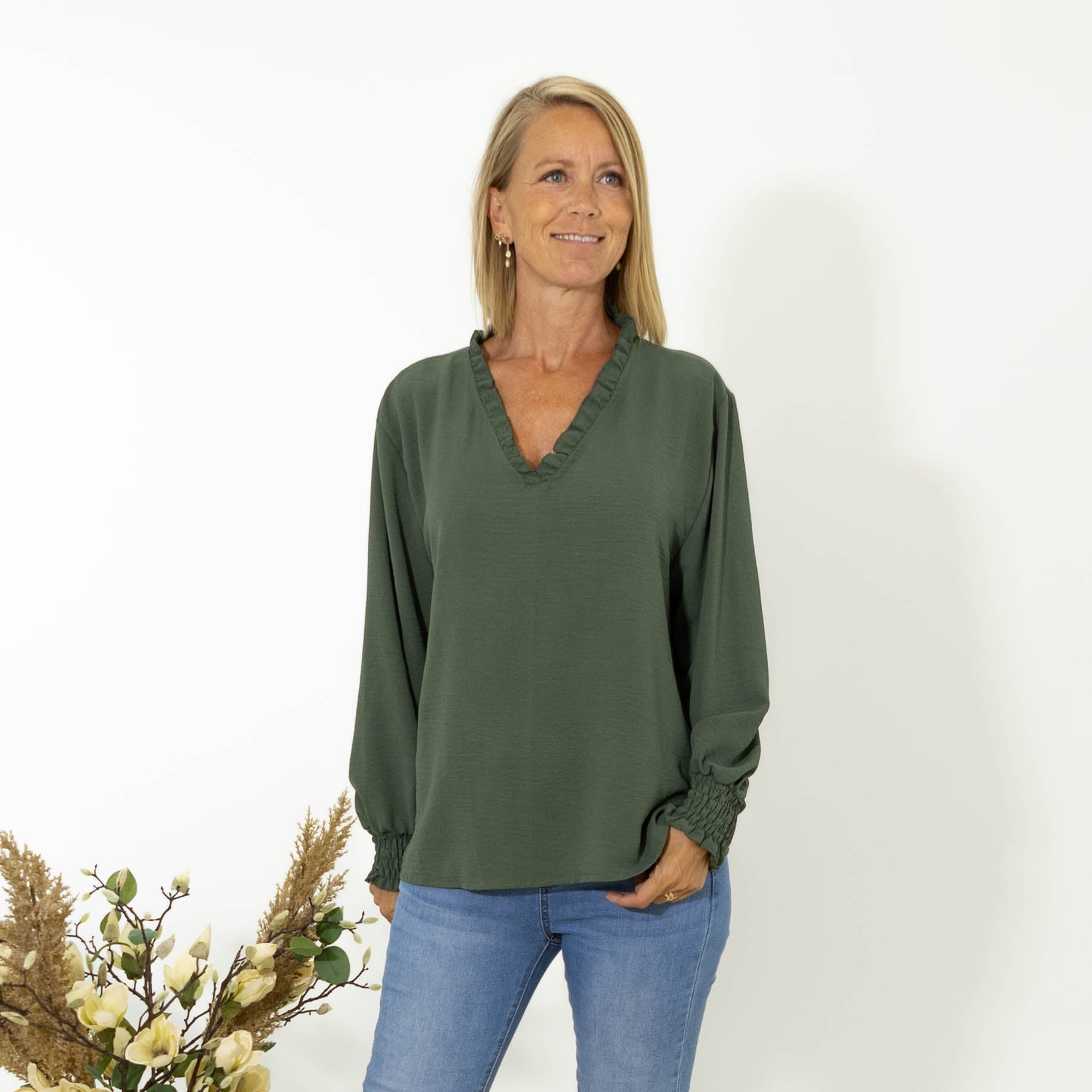 Thalia bubble chiffon skjorte, Khaki
