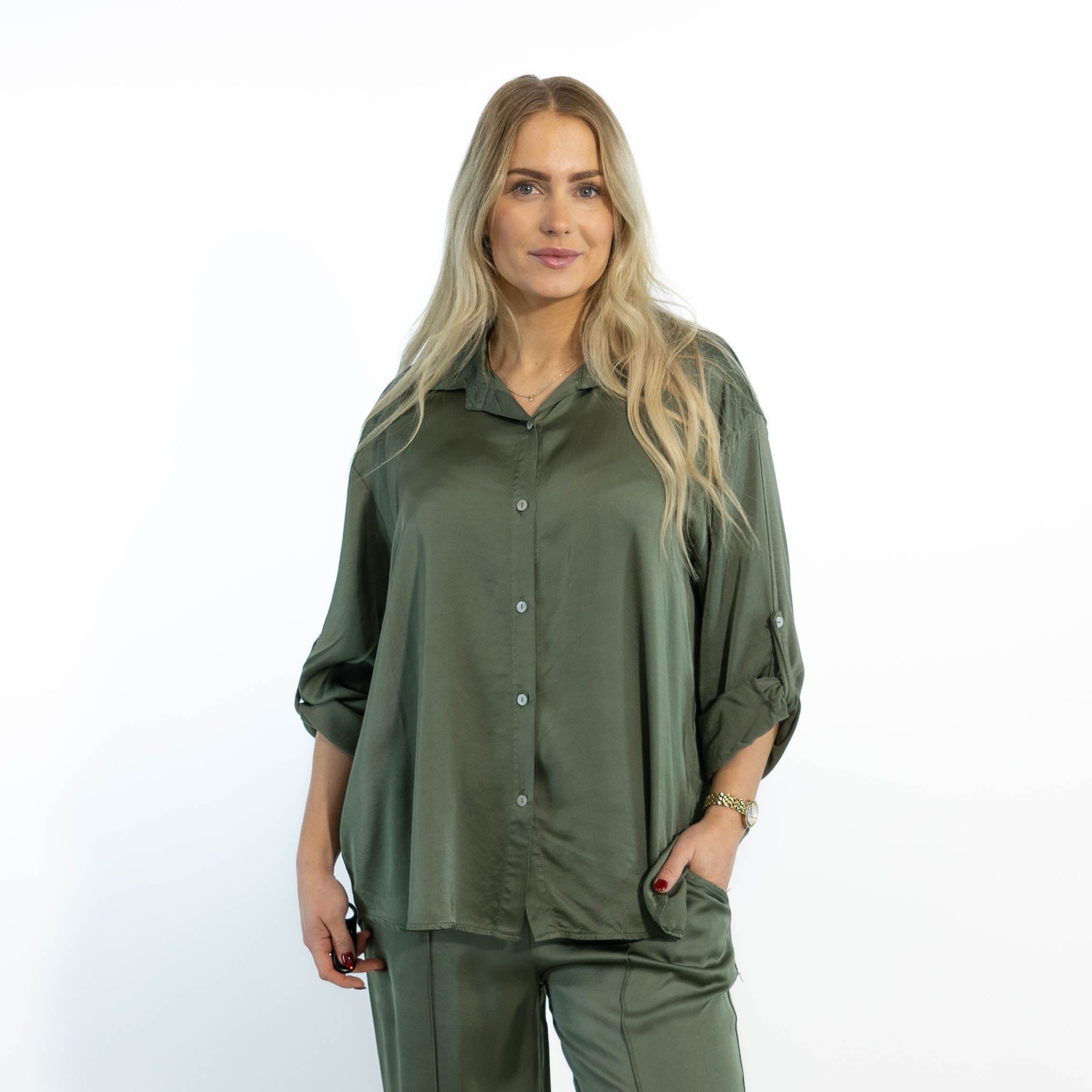 Mabel satin bluse, Khaki