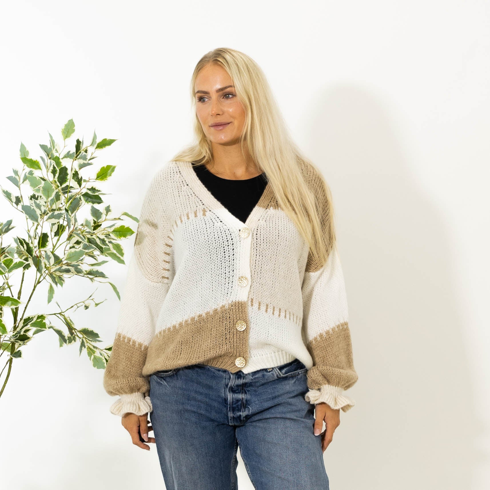 Thea Patchwork Strik, Beige
