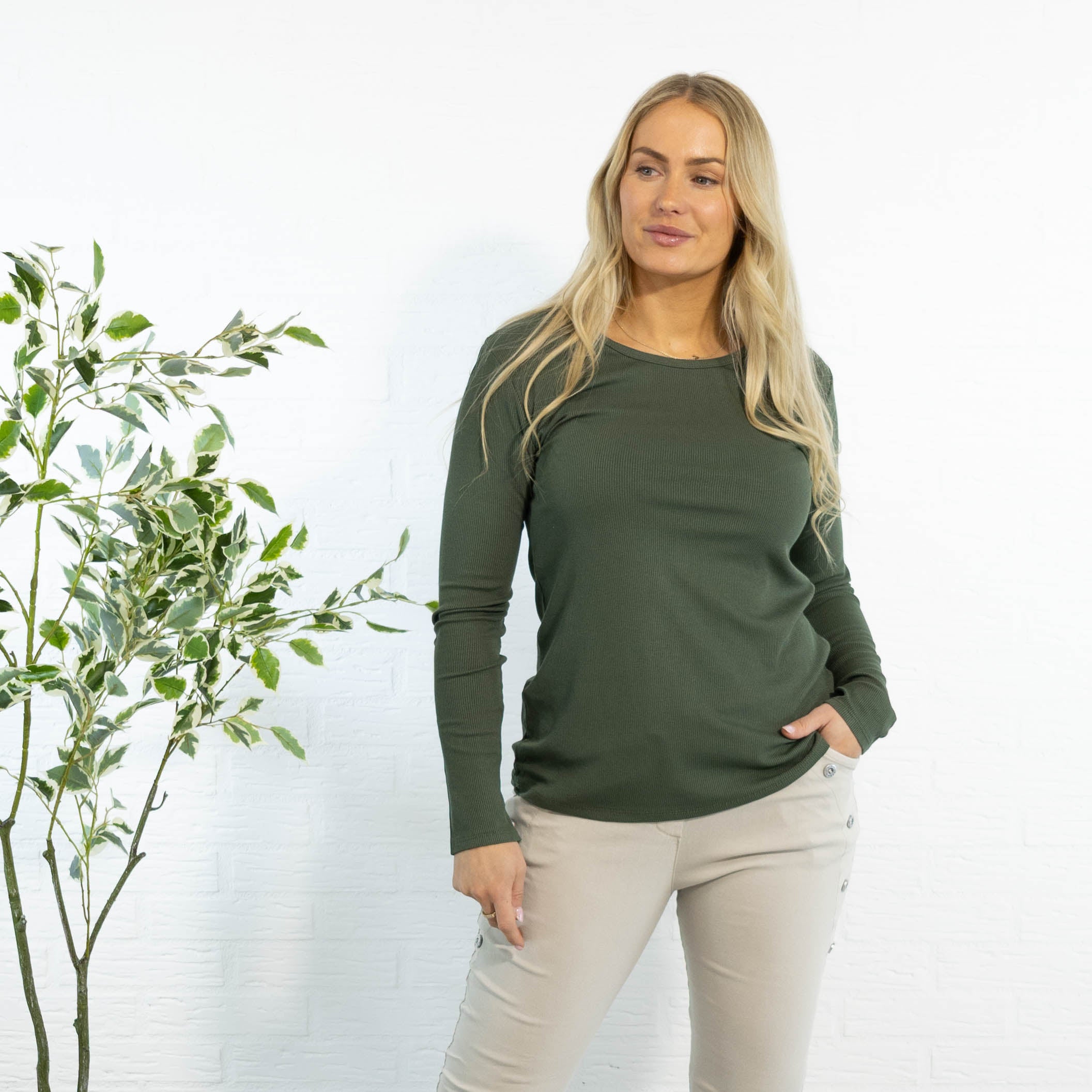 Monica langærmet t-shirt, Khaki