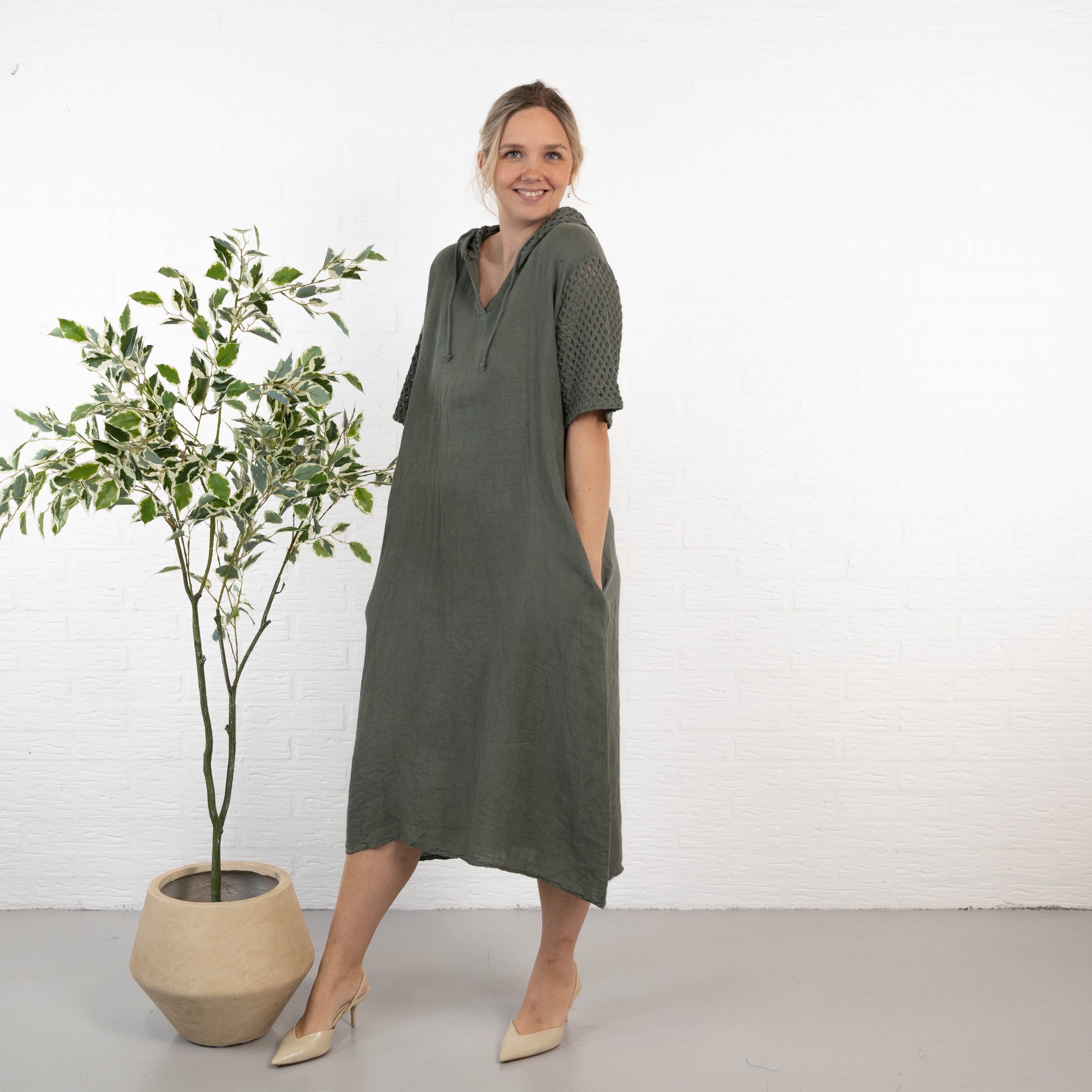 Sonja ægte hør kjole, Khaki