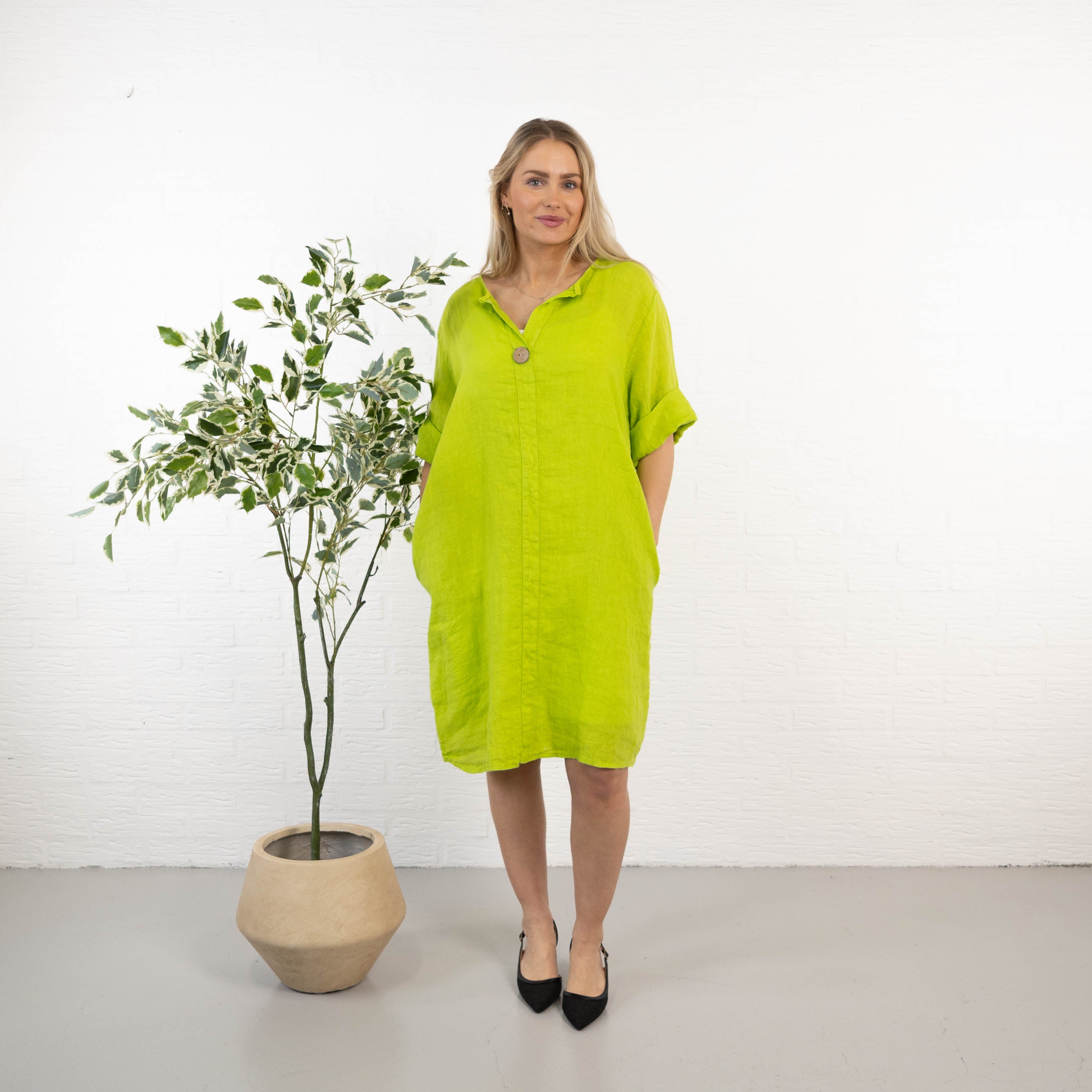 Beate ægte hør kjole, Lime