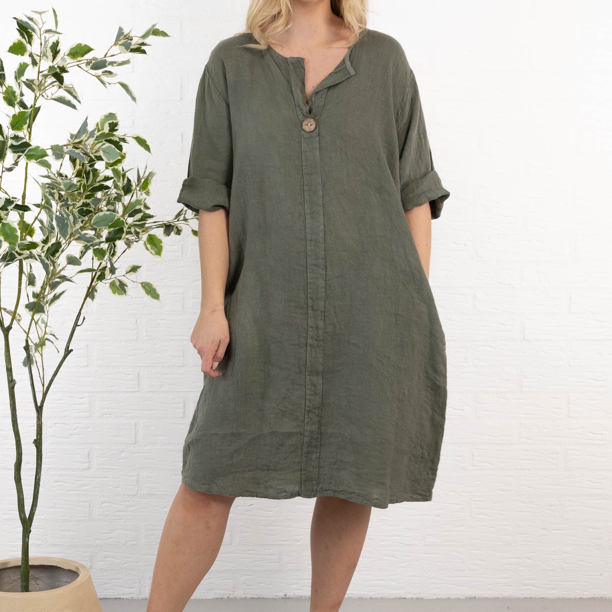 Beate ægte hør kjole, Khaki