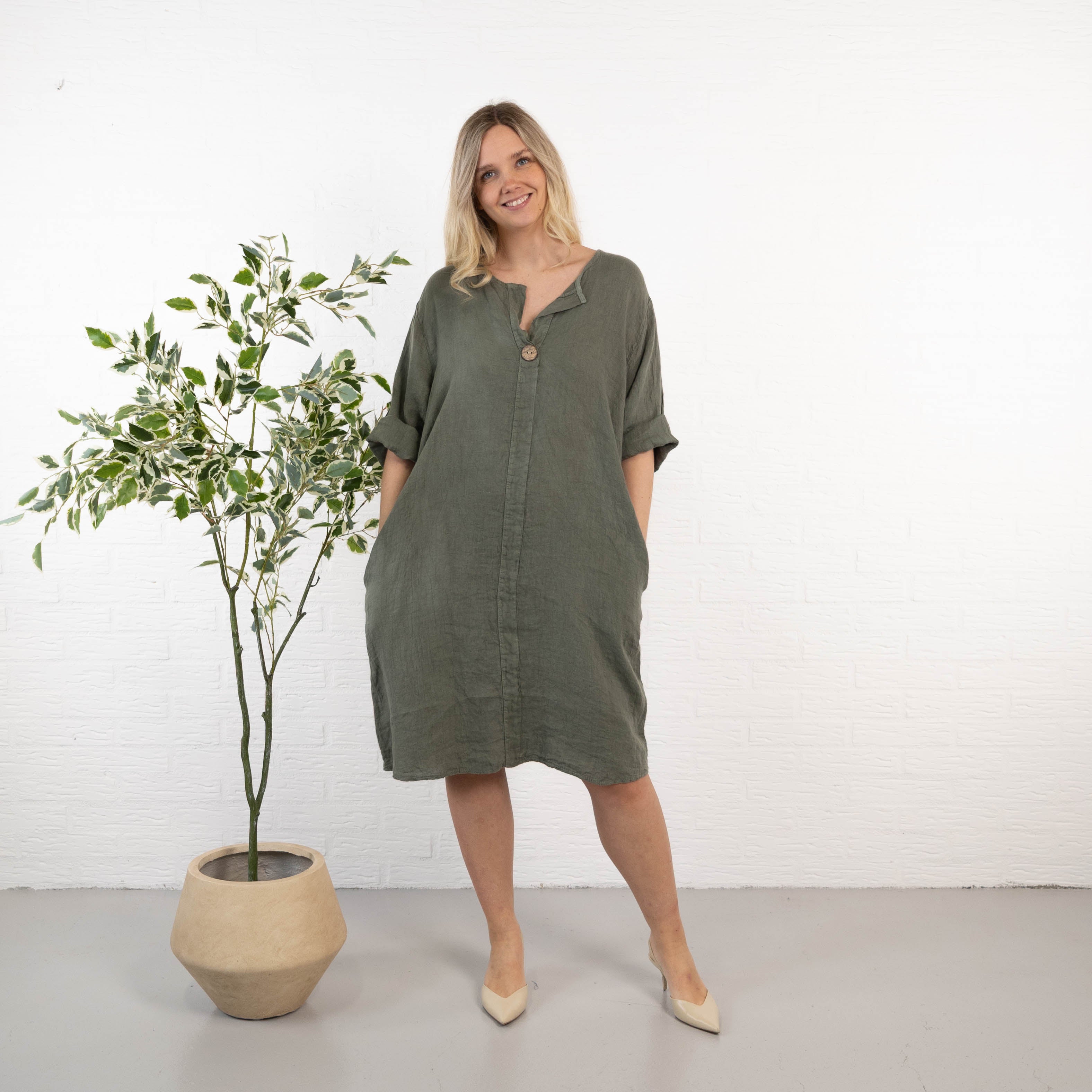 Beate ægte hør kjole, Khaki