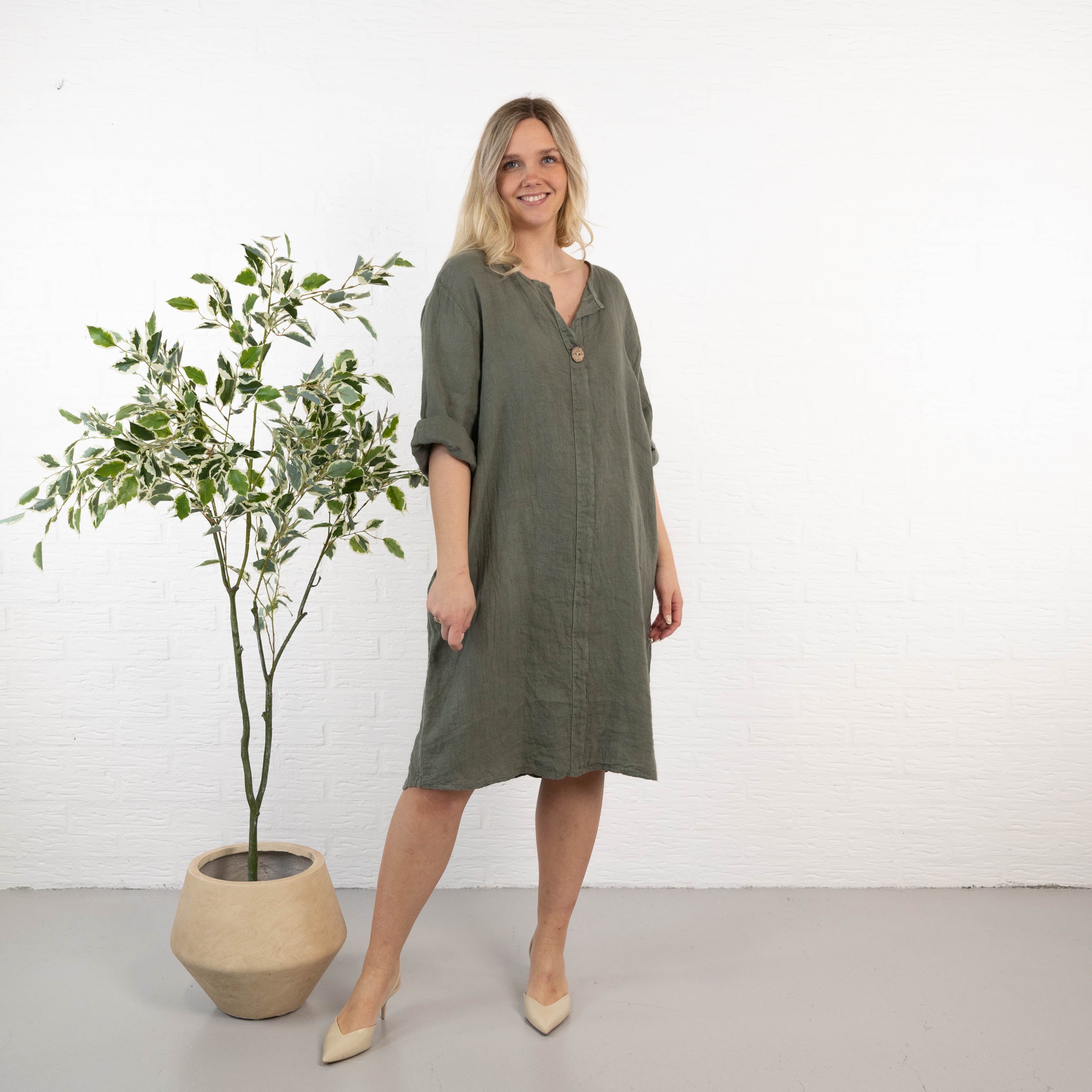 Beate ægte hør kjole, Khaki