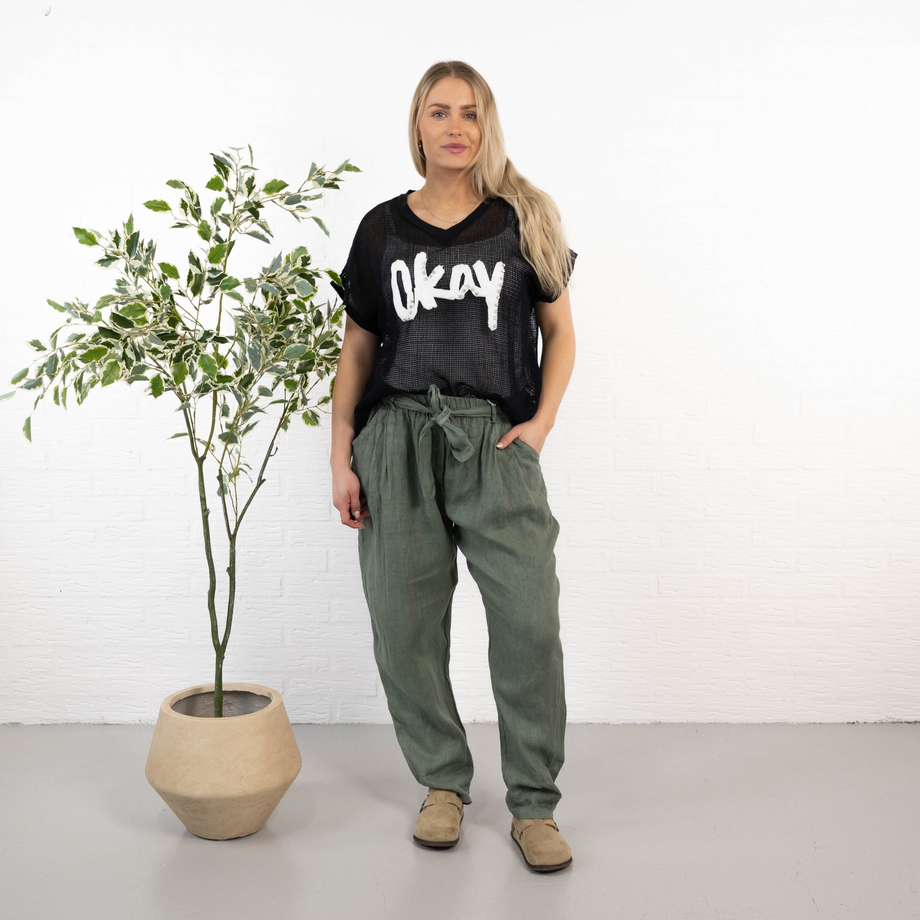 Nyrzi ægte hør bukser, Khaki