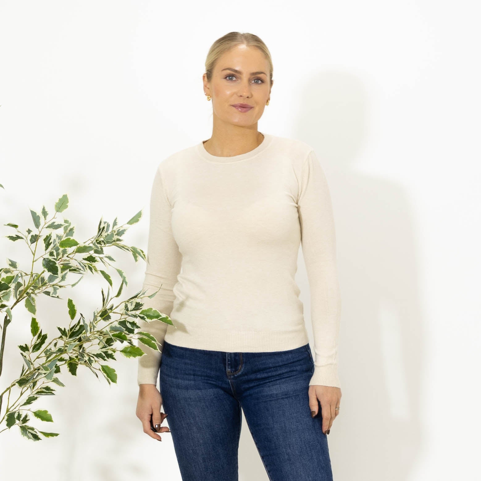 Sue strik m. rundhals, Beige