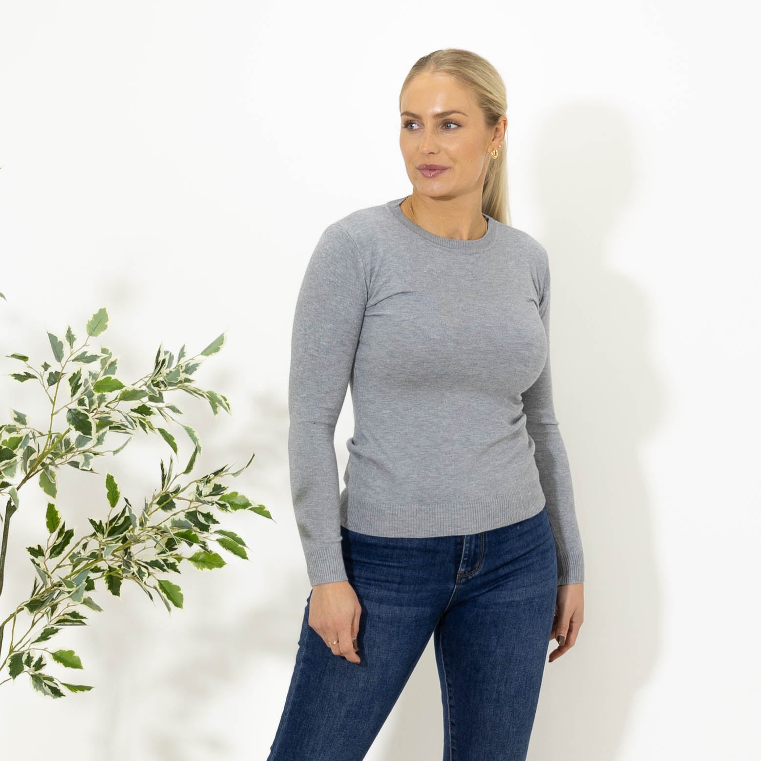 Sue strik m. rundhals, Grå