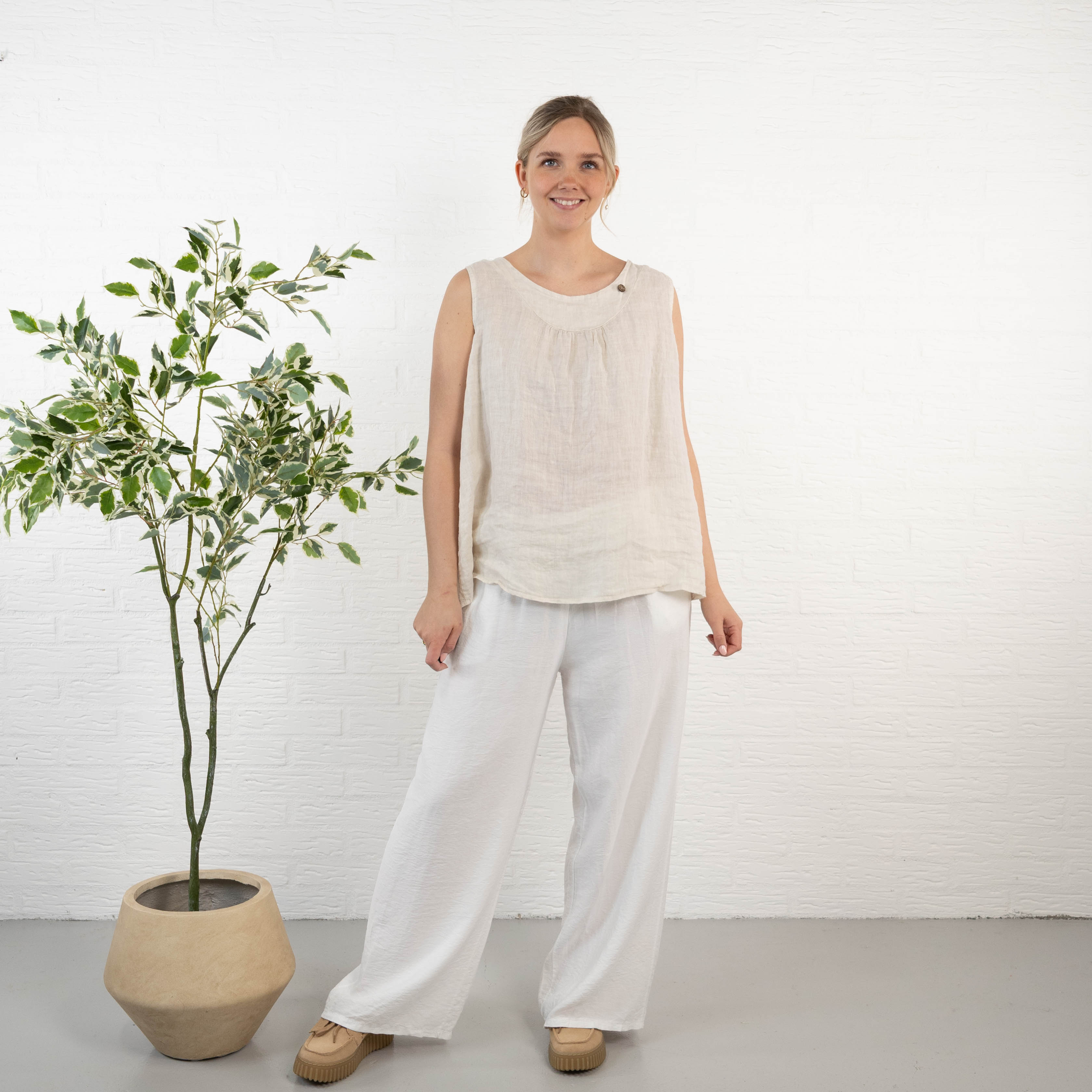 Lara ægte hør top, Beige