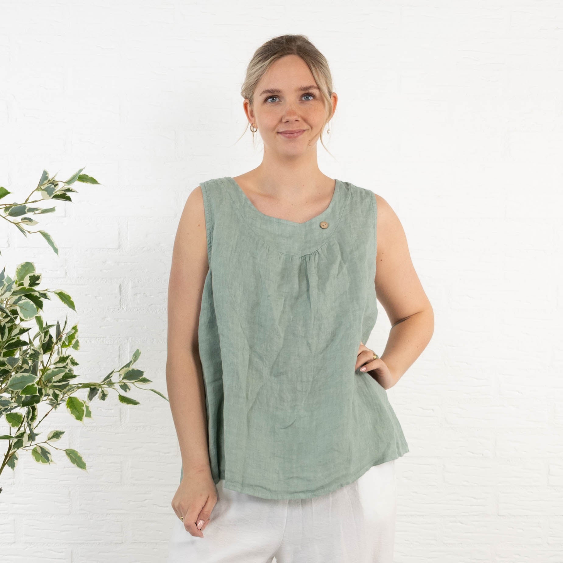 Lara ægte hør top, Khaki