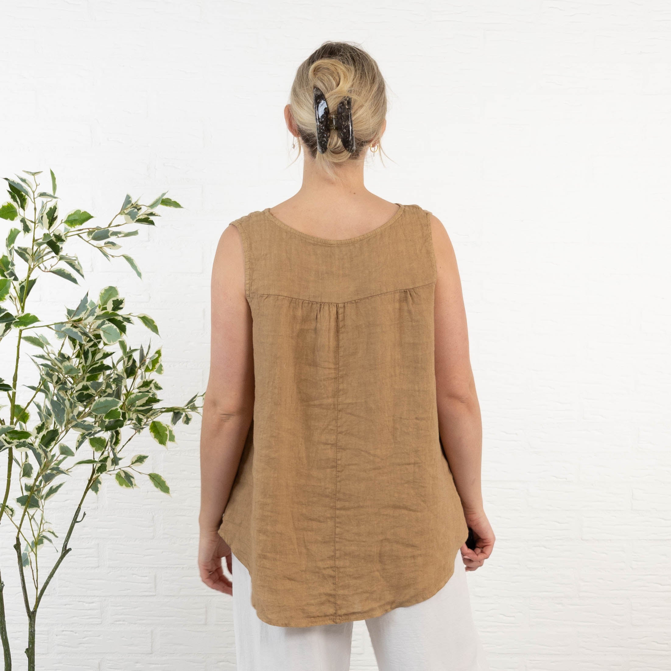 Lara ægte hør top, Camel