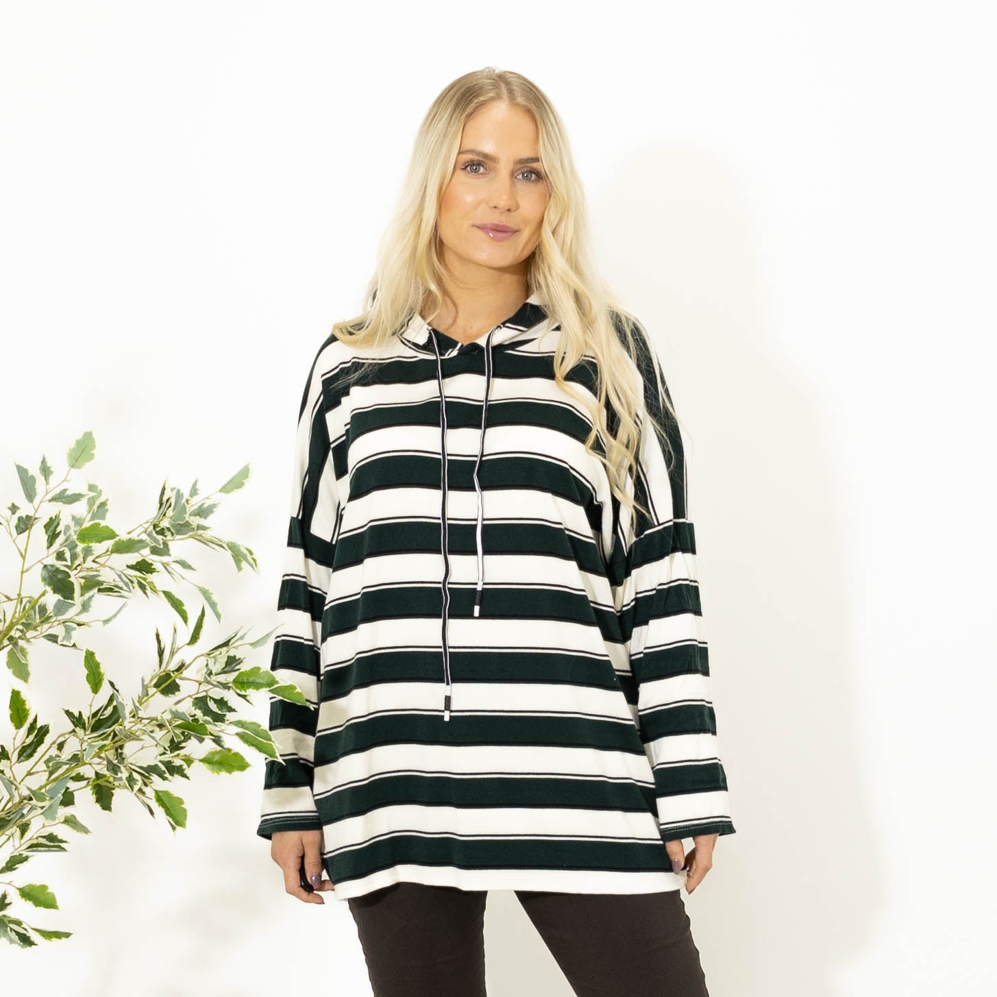 Silke stribet strik m. hoodie, Flaskegrøn