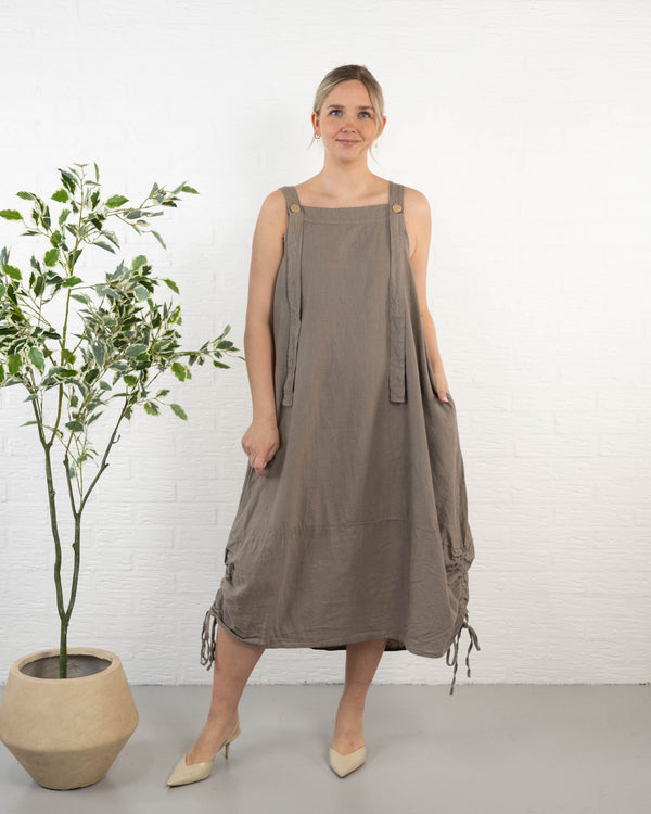 Dungaree ægte hør kjole, Taupe