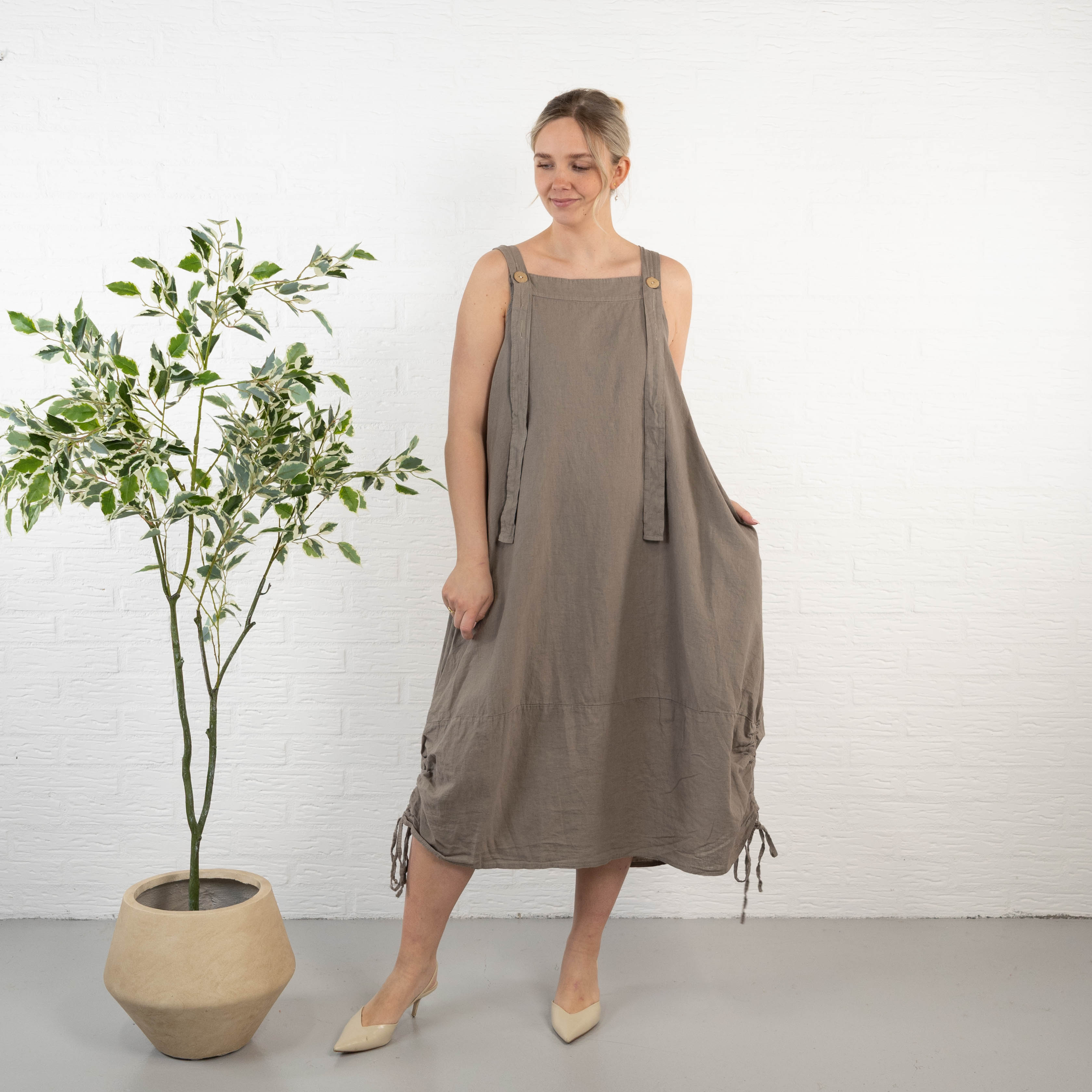 Dungaree ægte hør kjole, Taupe