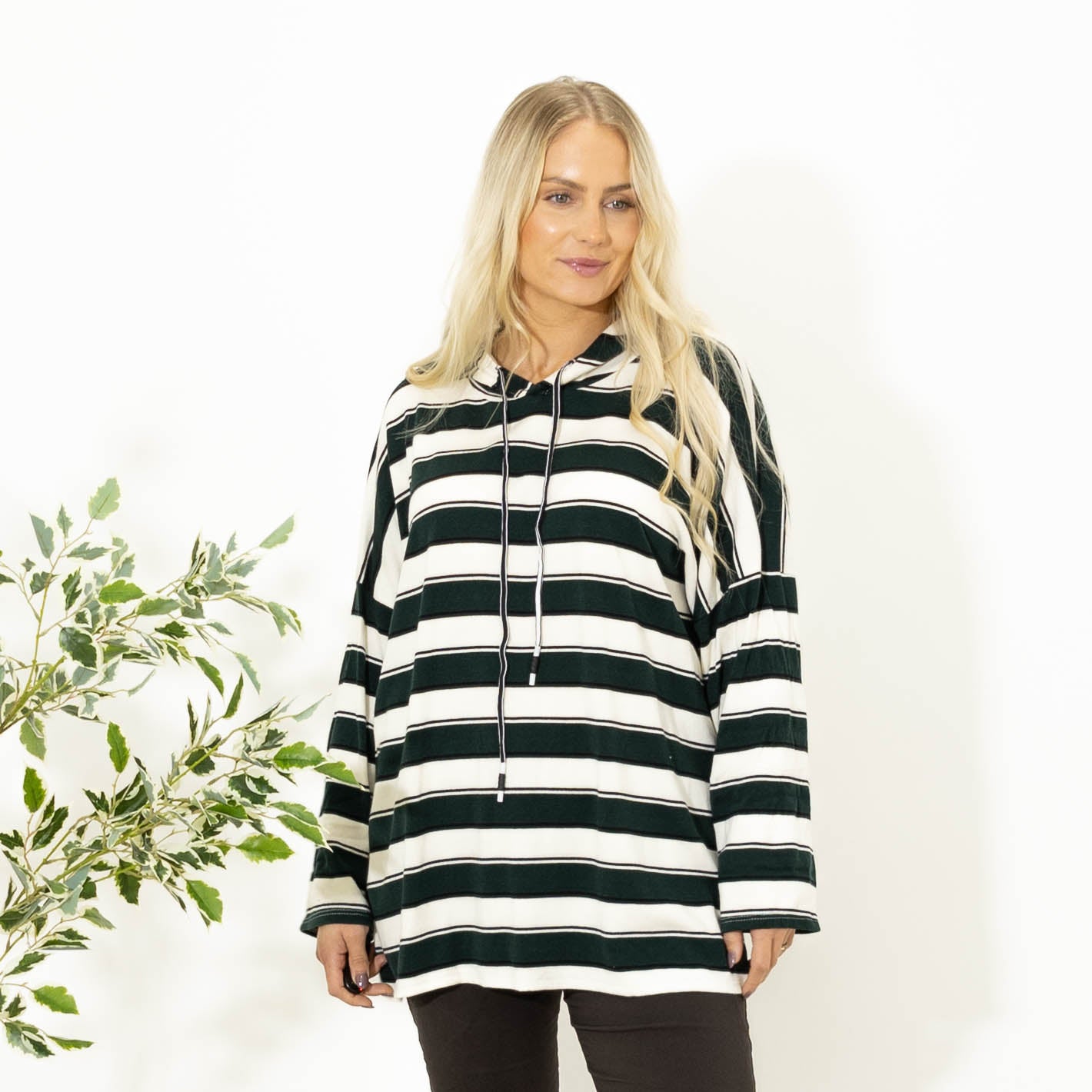 Silke stribet strik m. hoodie, Flaskegrøn