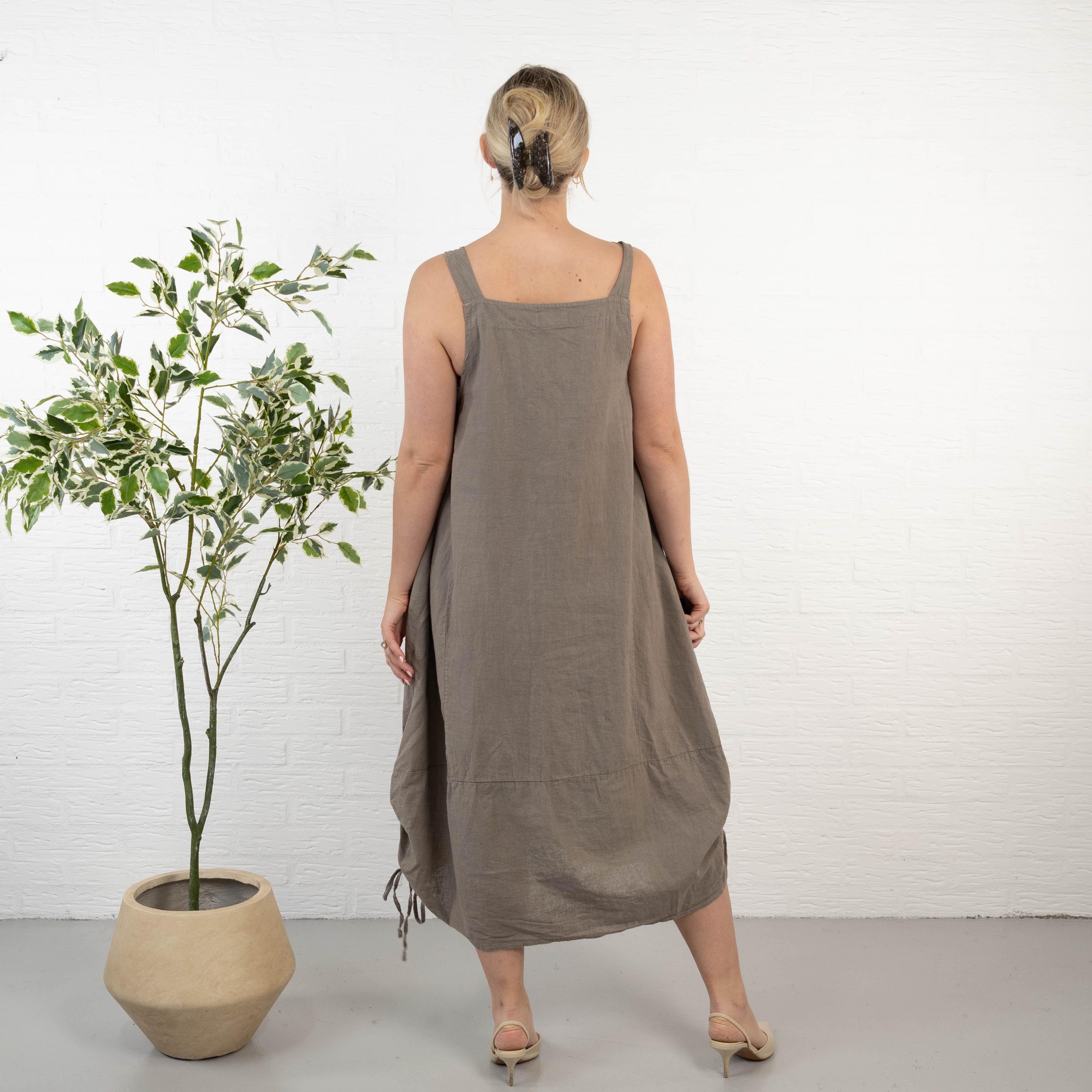 Dungaree ægte hør kjole, Taupe