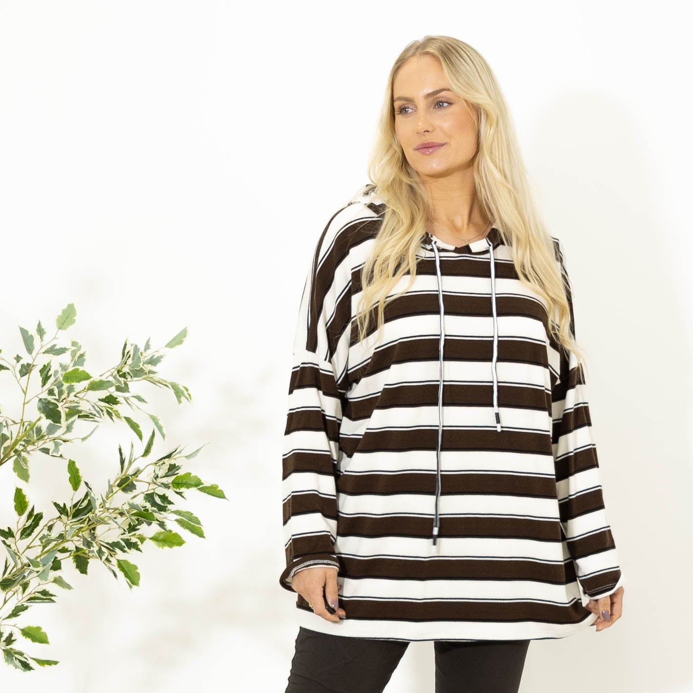 Silke stribet strik m. hoodie, Choko