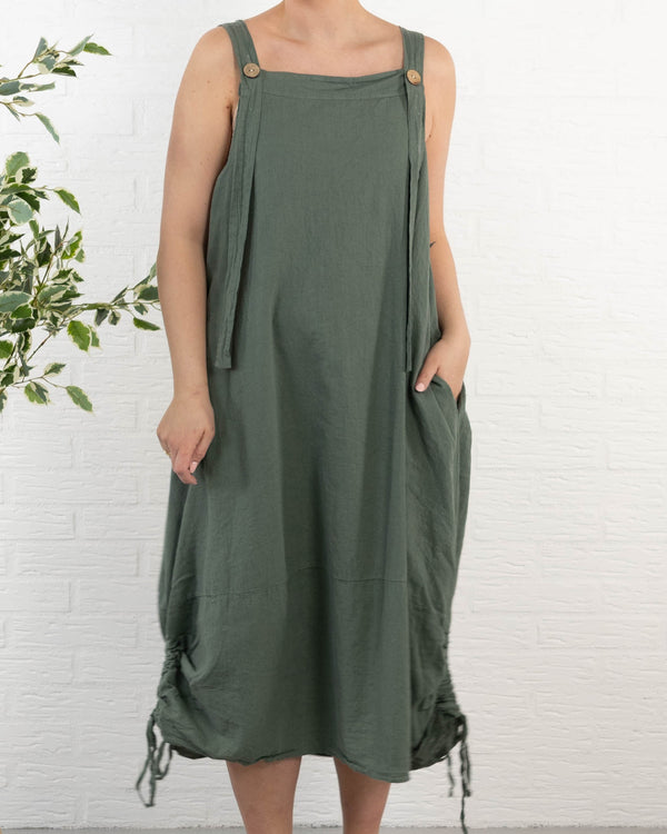 Dungaree ægte hør kjole, Khaki
