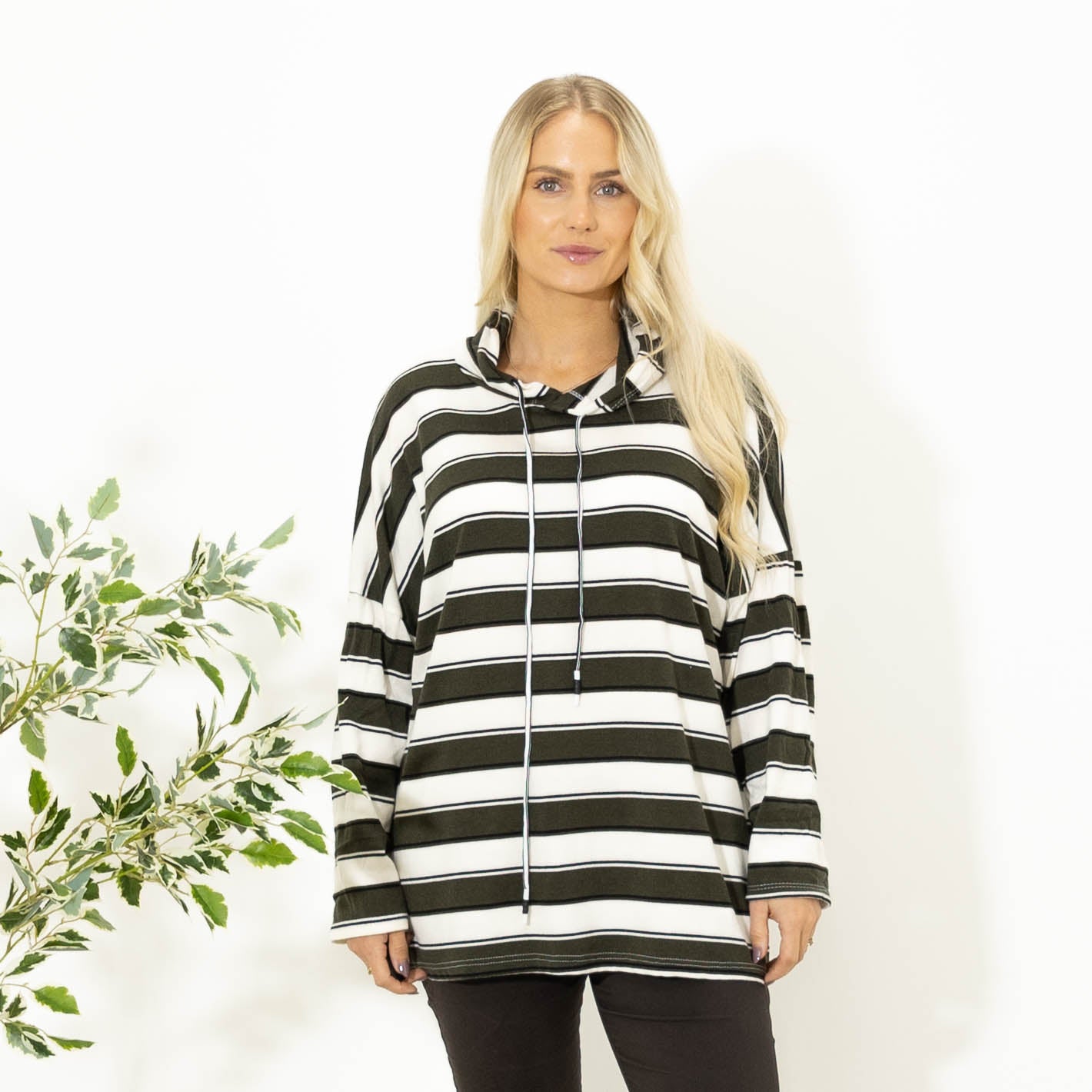 Silke stribet strik m. hoodie, Khaki