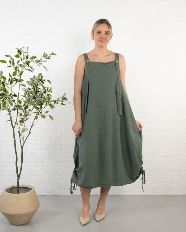 Dungaree ægte hør kjole, Khaki