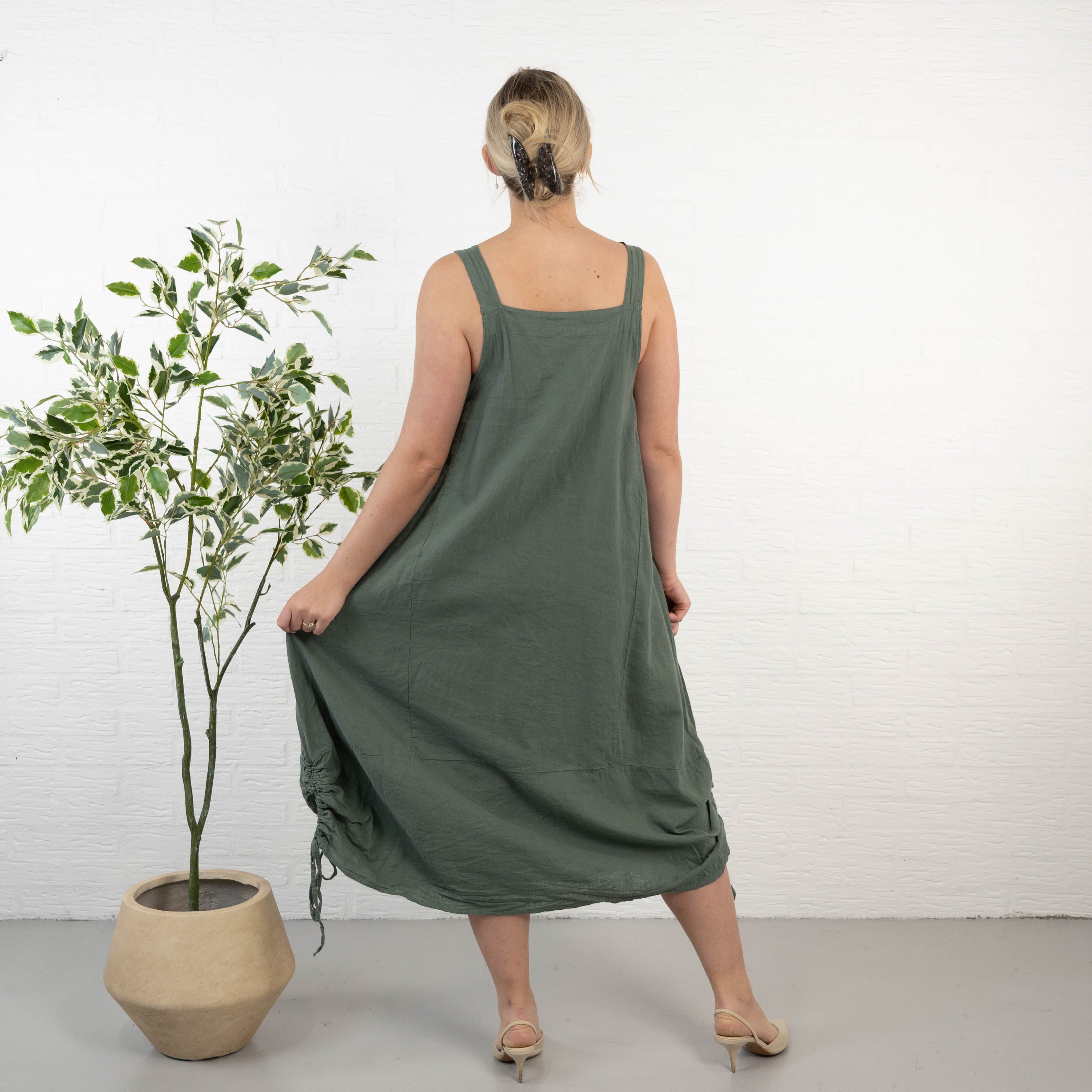 Dungaree ægte hør kjole, Khaki