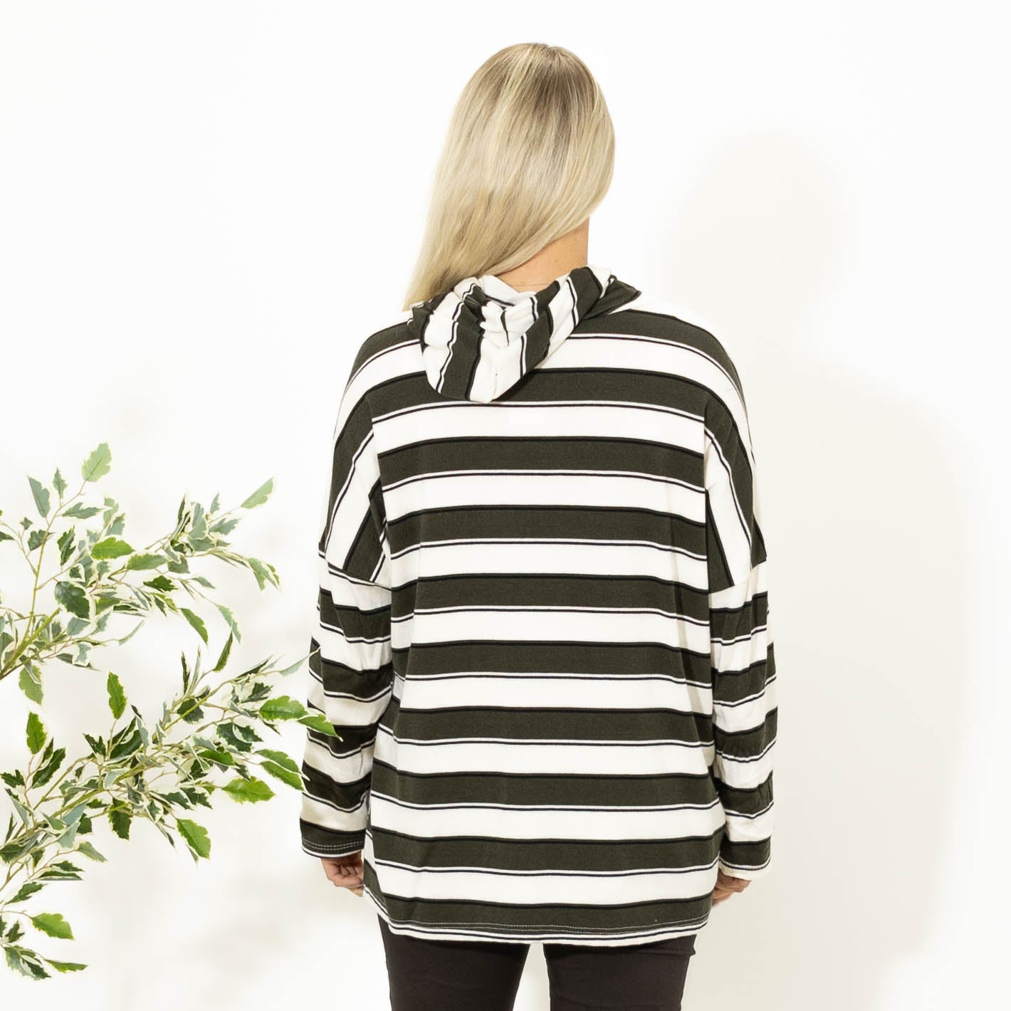 Silke stribet strik m. hoodie, Khaki